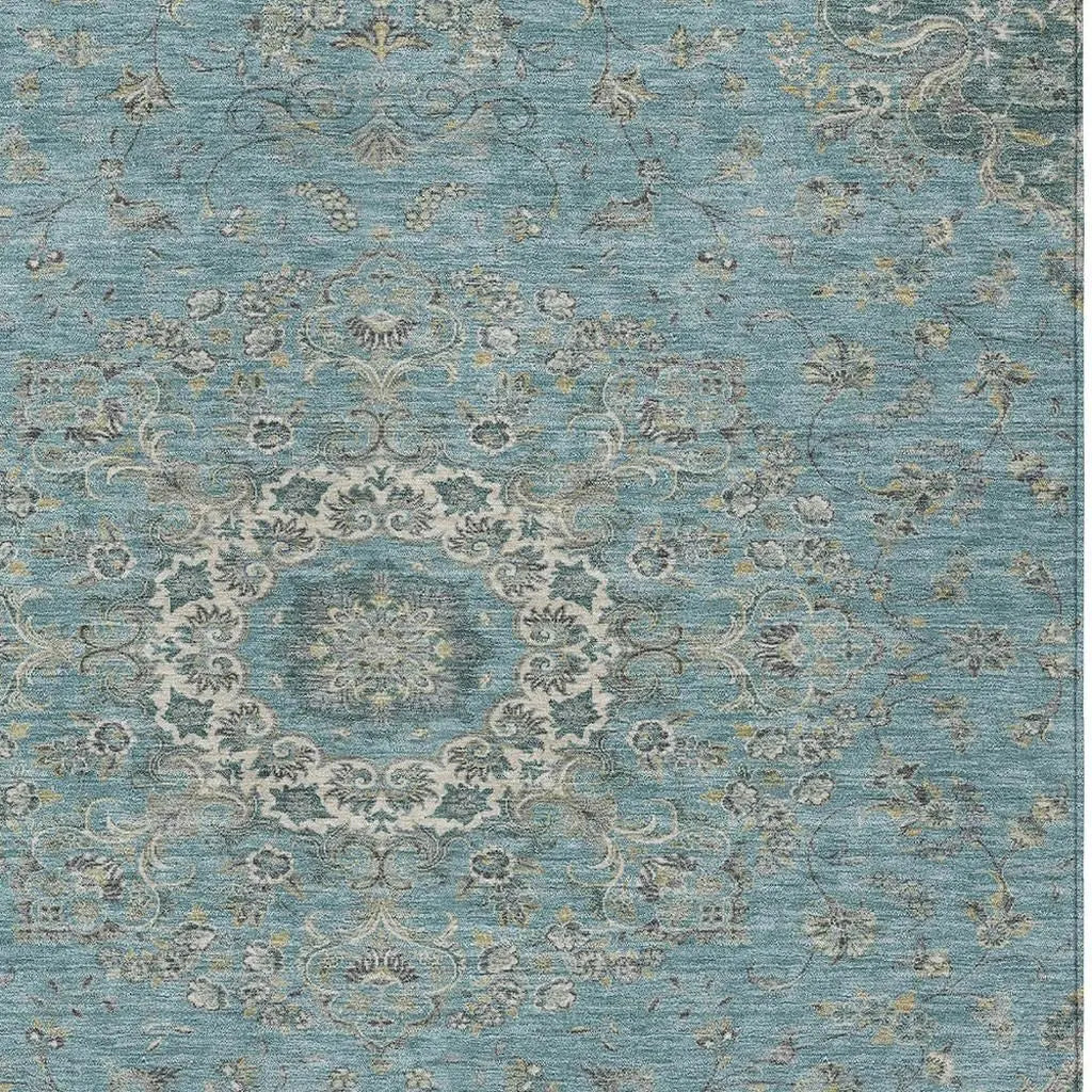 5' X 8' Teal Blue And Turquoise Floral Medallion Washable Indoor Outdoor Area Rug Homeroots Outdoor