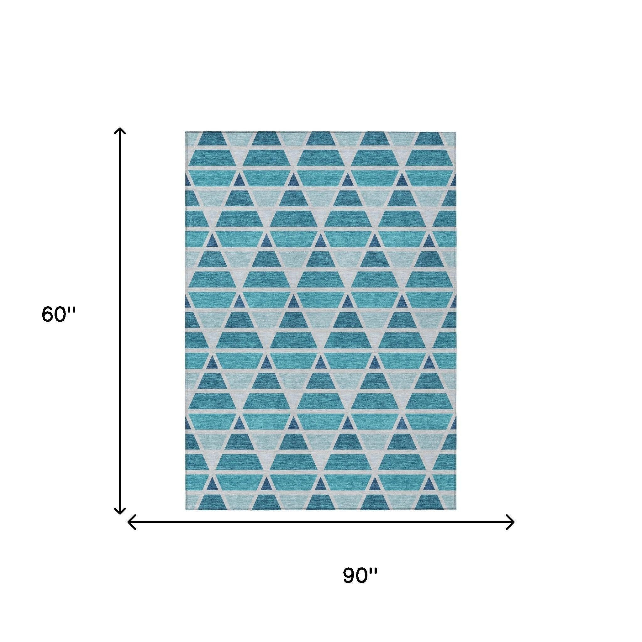 5' X 8' Teal Blue And Turquoise Geometric Washable Indoor Outdoor Area Rug Homeroots Outdoor