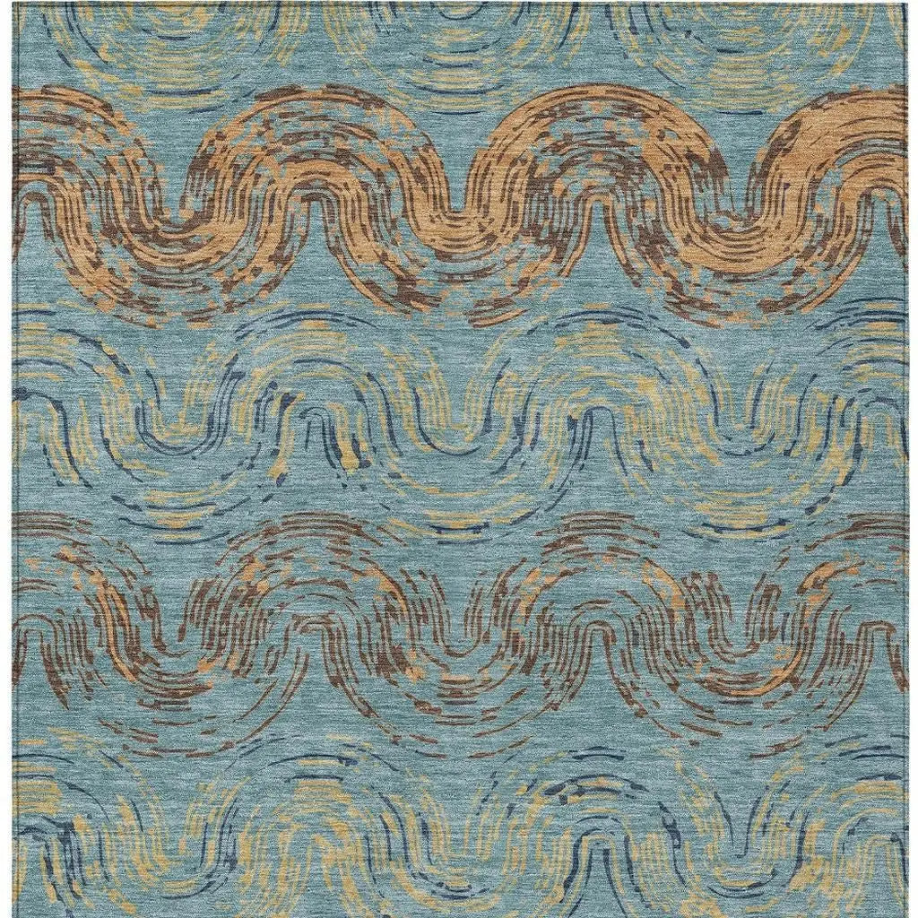 5' X 8' Teal Blue And Wheat Abstract Washable Indoor Outdoor Area Rug Homeroots Outdoor