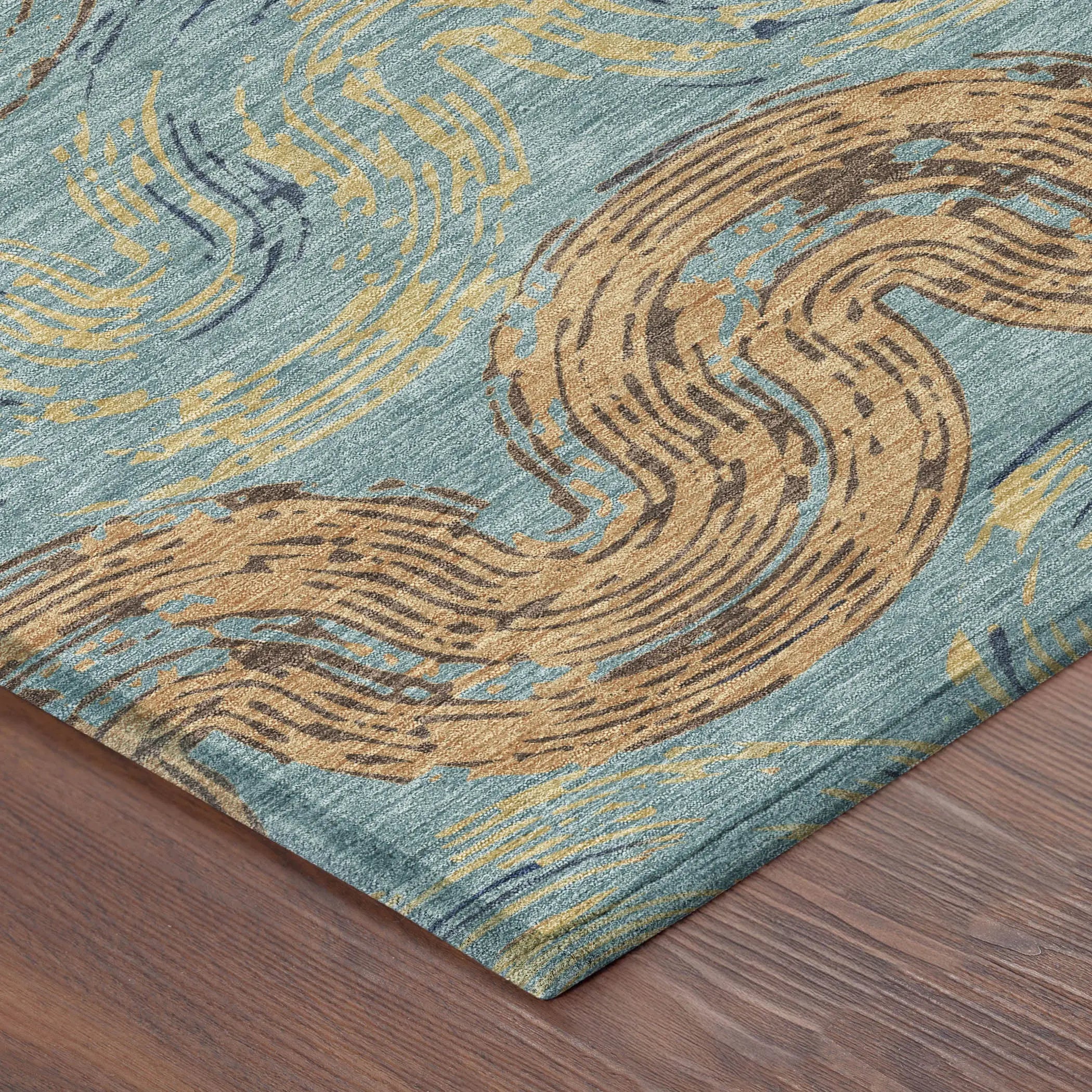 5' X 8' Teal Blue And Wheat Abstract Washable Indoor Outdoor Area Rug Homeroots Outdoor