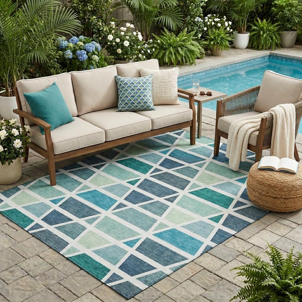 5' X 8' Teal Blue And White Geometric Washable Indoor Outdoor Area Rug Homeroots Outdoor
