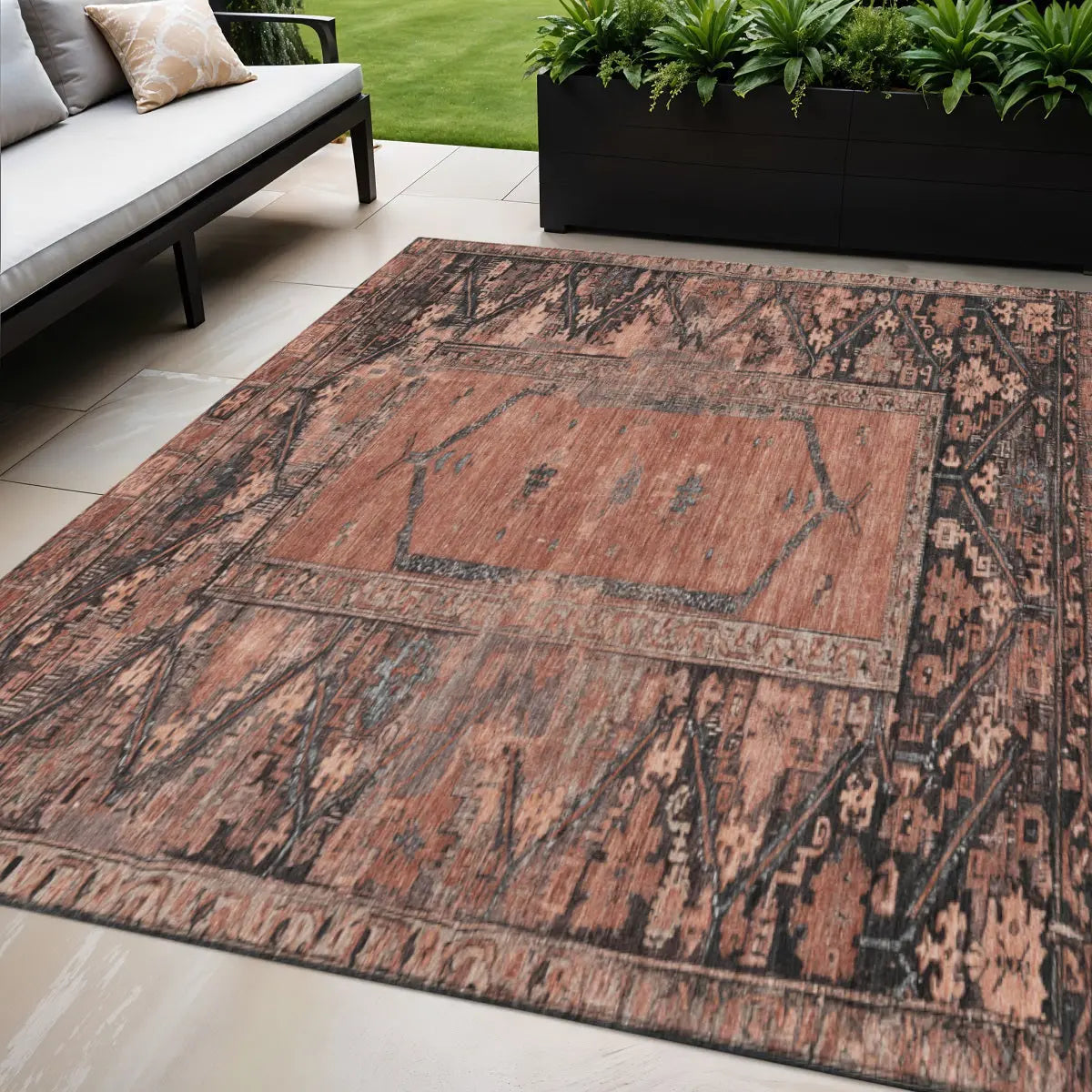 5' X 8' Terra Cotta And Gray Oriental Washable Indoor Outdoor Area Rug Homeroots Outdoor