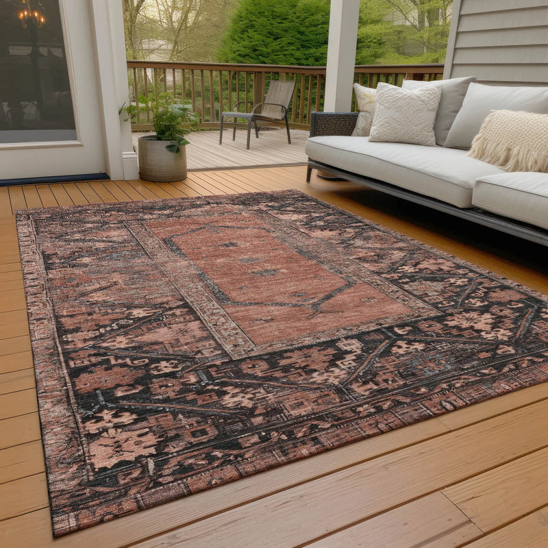 5' X 8' Terra Cotta And Gray Oriental Washable Indoor Outdoor Area Rug Homeroots Outdoor