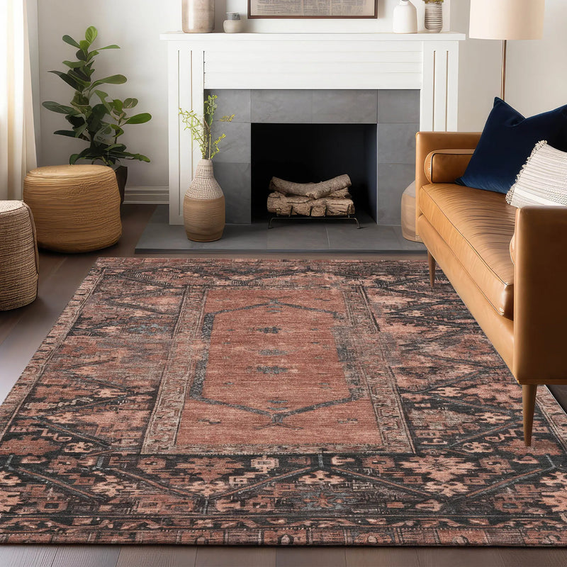 5' X 8' Terra Cotta And Gray Oriental Washable Indoor Outdoor Area Rug Homeroots Outdoor