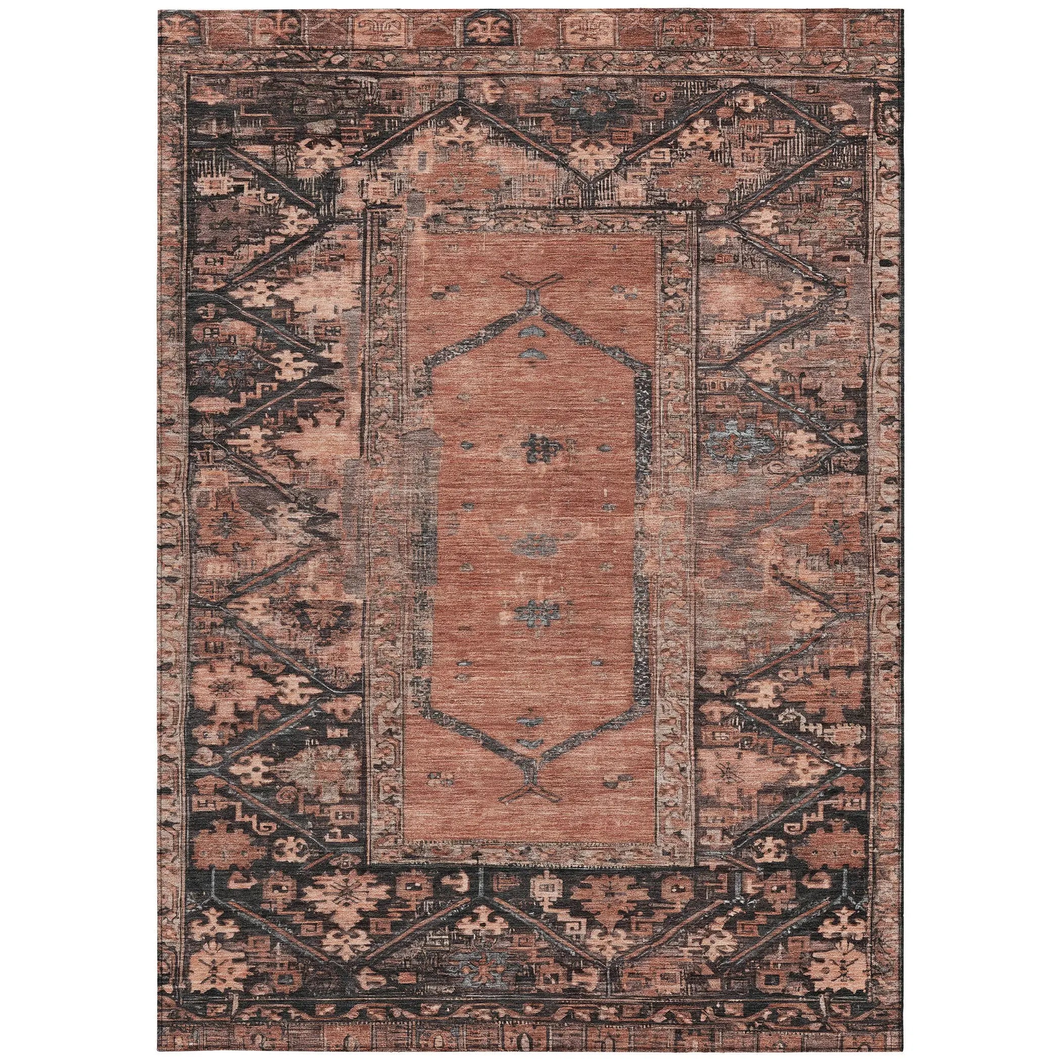 5' X 8' Terra Cotta And Gray Oriental Washable Indoor Outdoor Area Rug Homeroots Outdoor