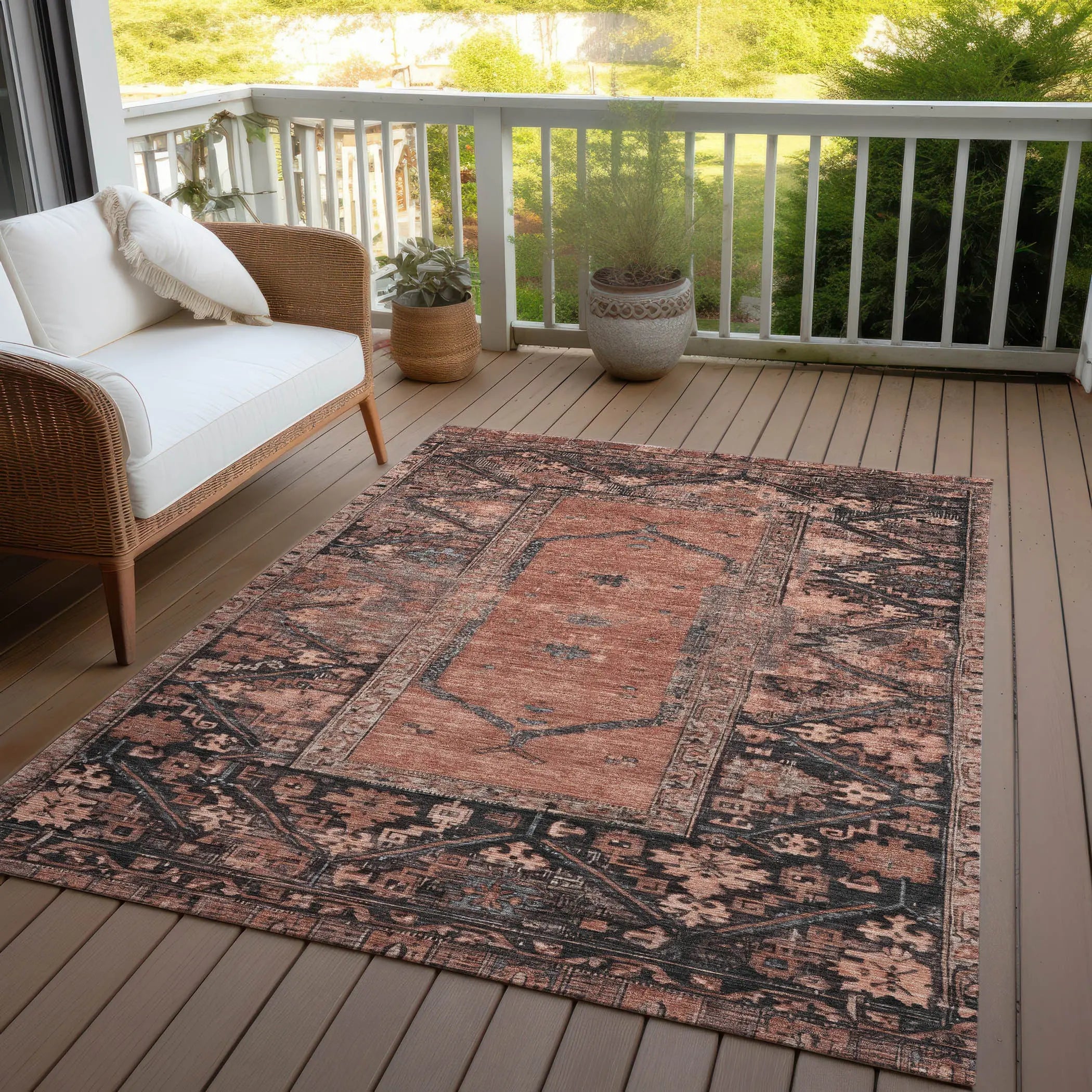 5' X 8' Terra Cotta And Gray Oriental Washable Indoor Outdoor Area Rug Homeroots Outdoor
