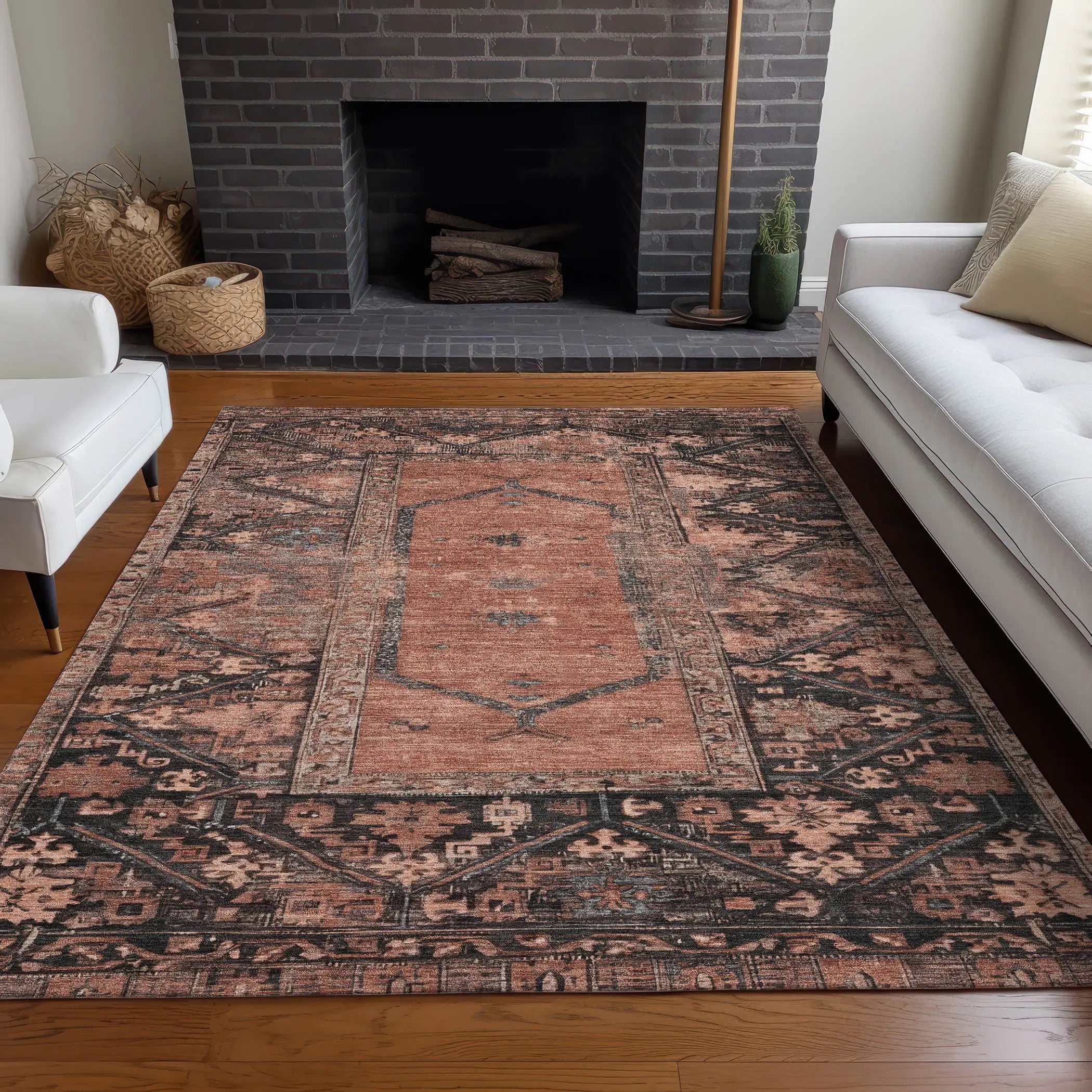 5' X 8' Terra Cotta And Gray Oriental Washable Indoor Outdoor Area Rug Homeroots Outdoor