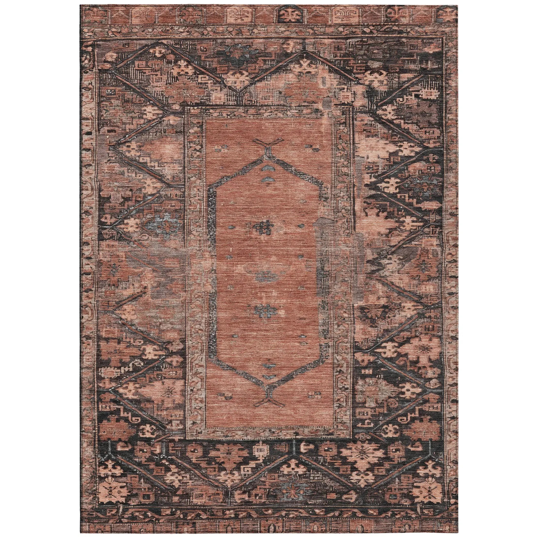 5' X 8' Terra Cotta And Gray Oriental Washable Indoor Outdoor Area Rug Homeroots Outdoor