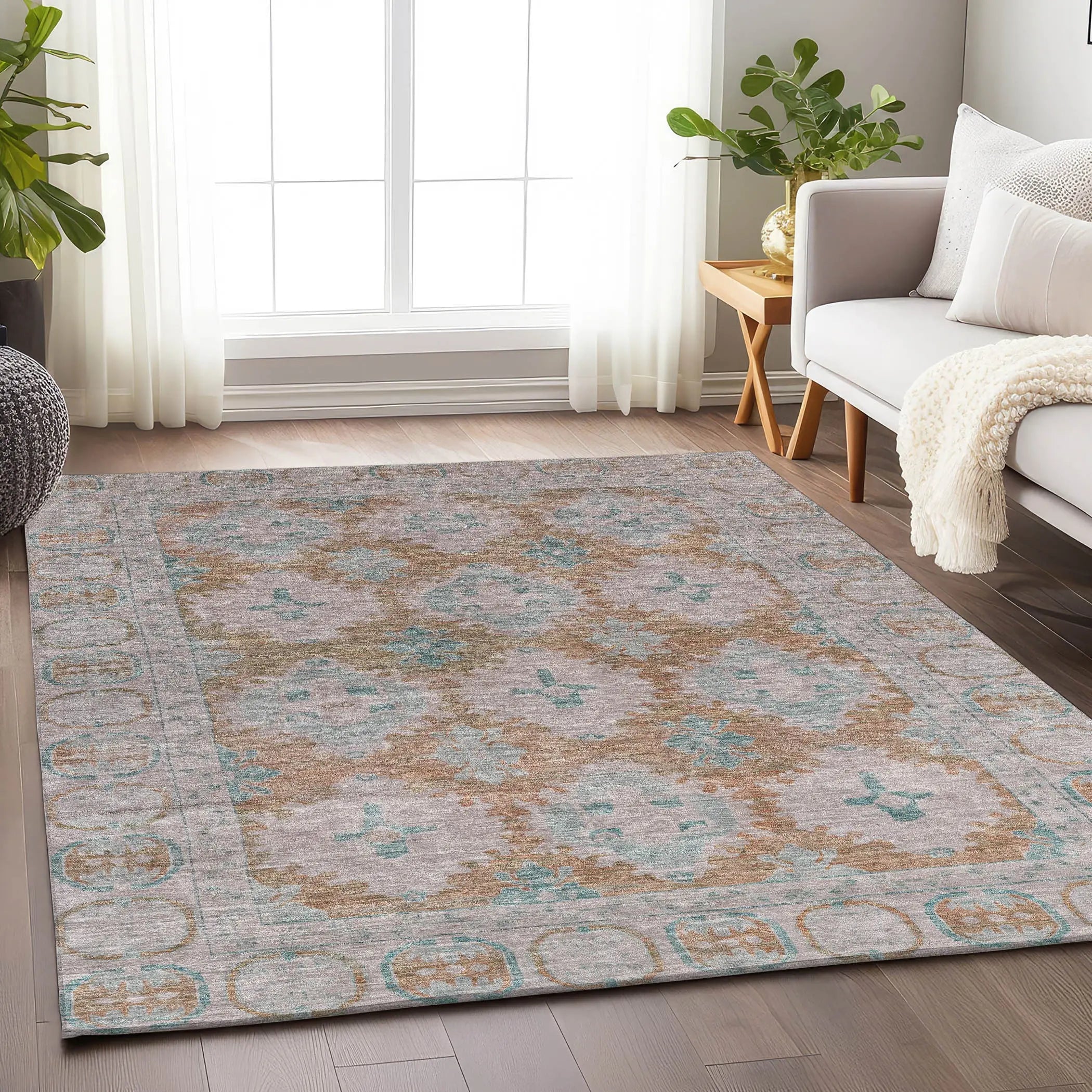 5' X 8' Terra Cotta And Teal Blue Damask Washable Indoor Outdoor Area Rug Homeroots Outdoor