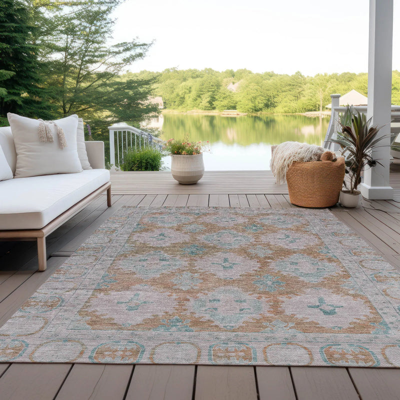 5' X 8' Terra Cotta And Teal Blue Damask Washable Indoor Outdoor Area Rug Homeroots Outdoor