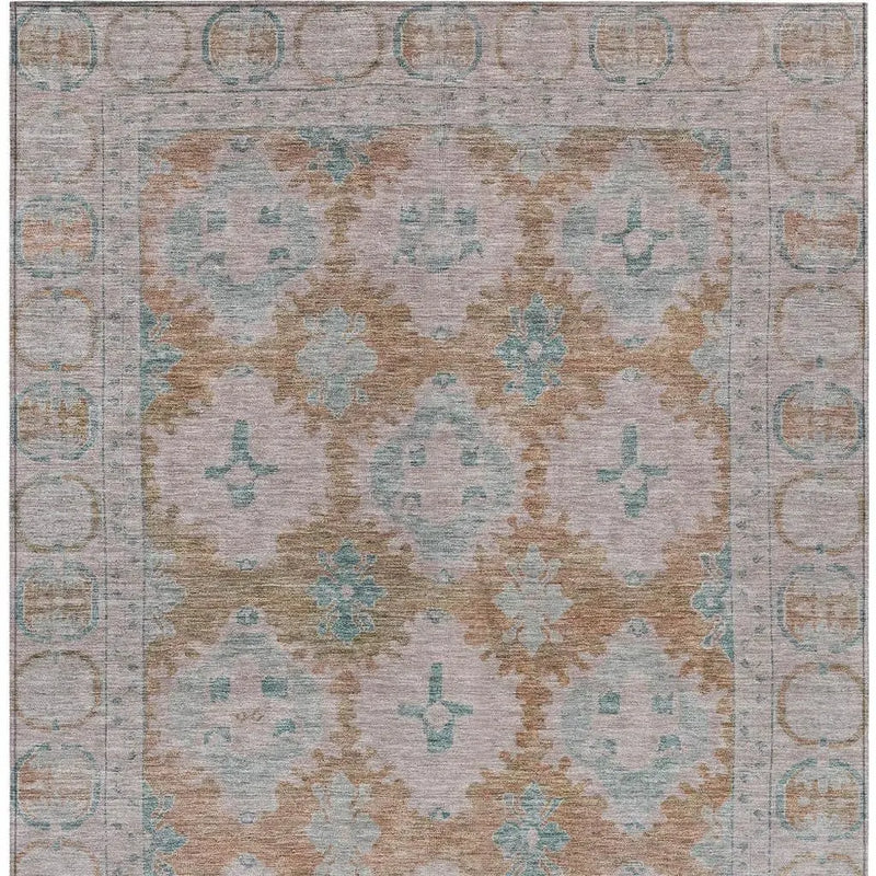 5' X 8' Terra Cotta And Teal Blue Damask Washable Indoor Outdoor Area Rug Homeroots Outdoor