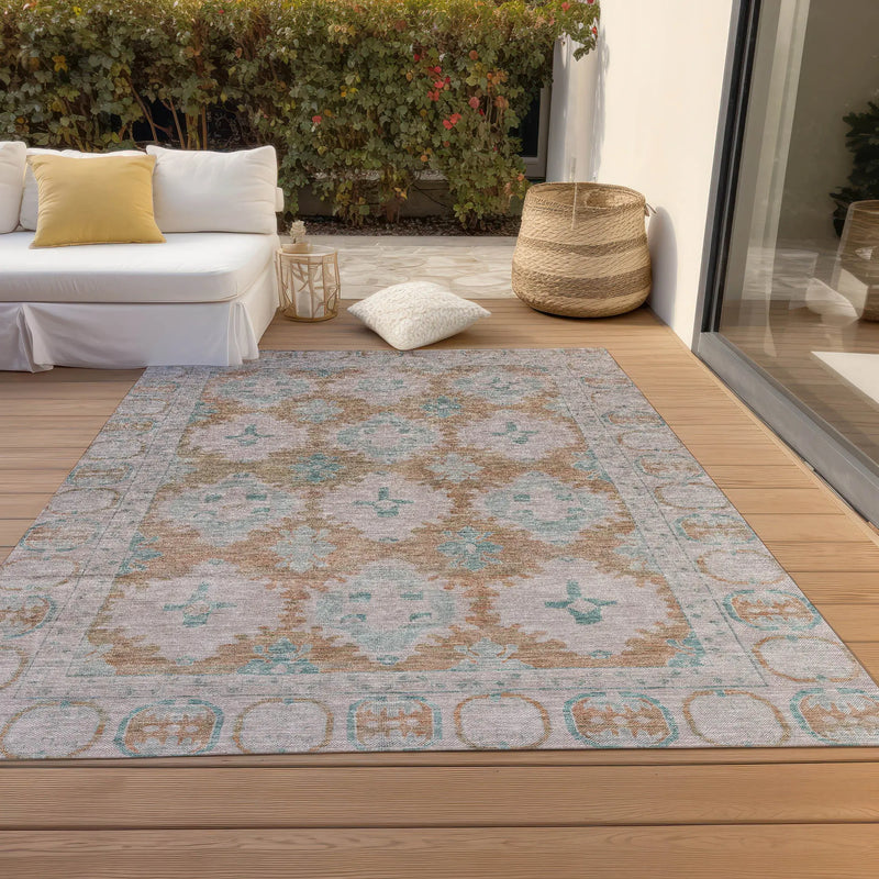 5' X 8' Terra Cotta And Teal Blue Damask Washable Indoor Outdoor Area Rug Homeroots Outdoor