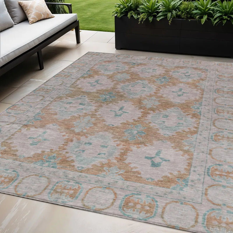 5' X 8' Terra Cotta And Teal Blue Damask Washable Indoor Outdoor Area Rug Homeroots Outdoor