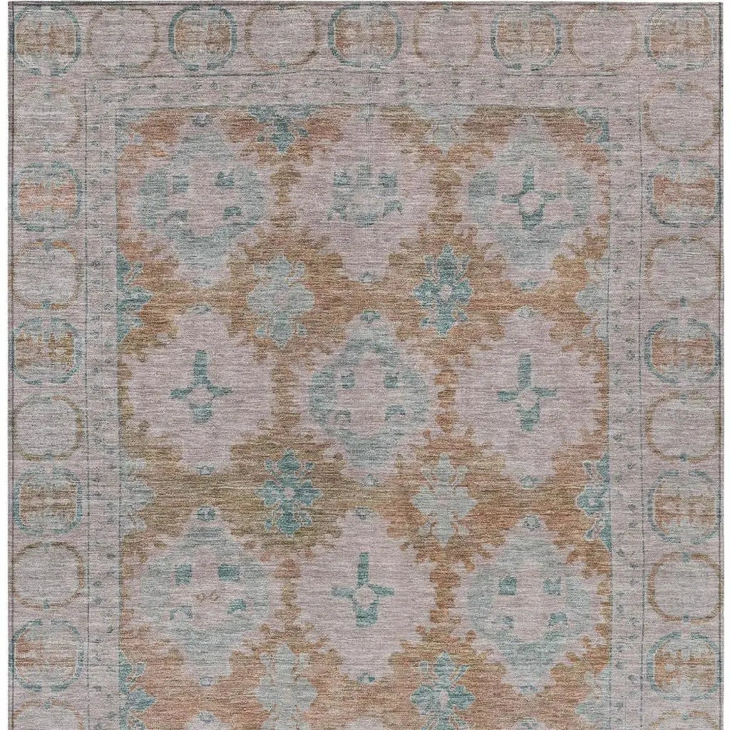 5' X 8' Terra Cotta And Teal Blue Damask Washable Indoor Outdoor Area Rug Homeroots Outdoor