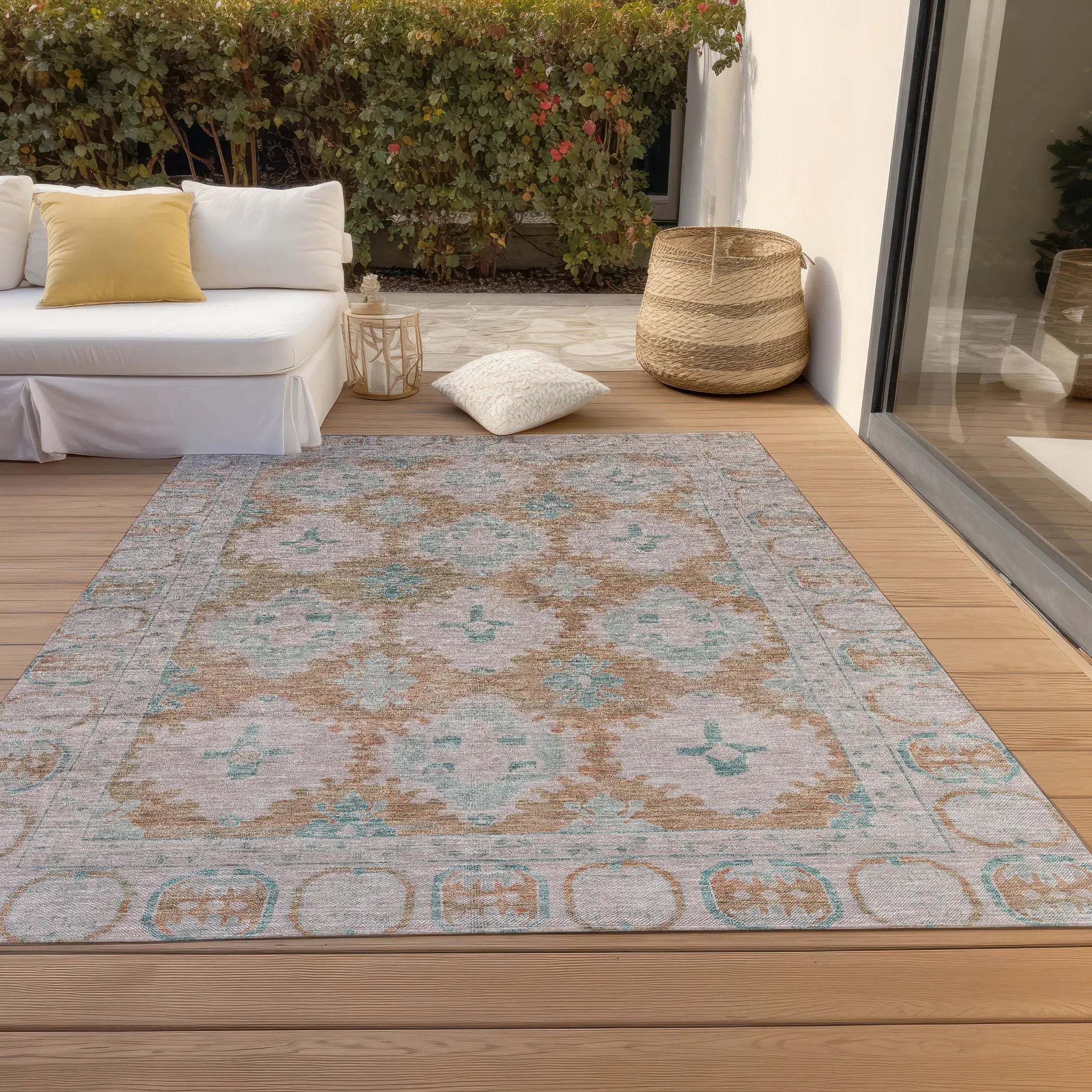 5' X 8' Terra Cotta And Teal Blue Damask Washable Indoor Outdoor Area Rug Homeroots Outdoor