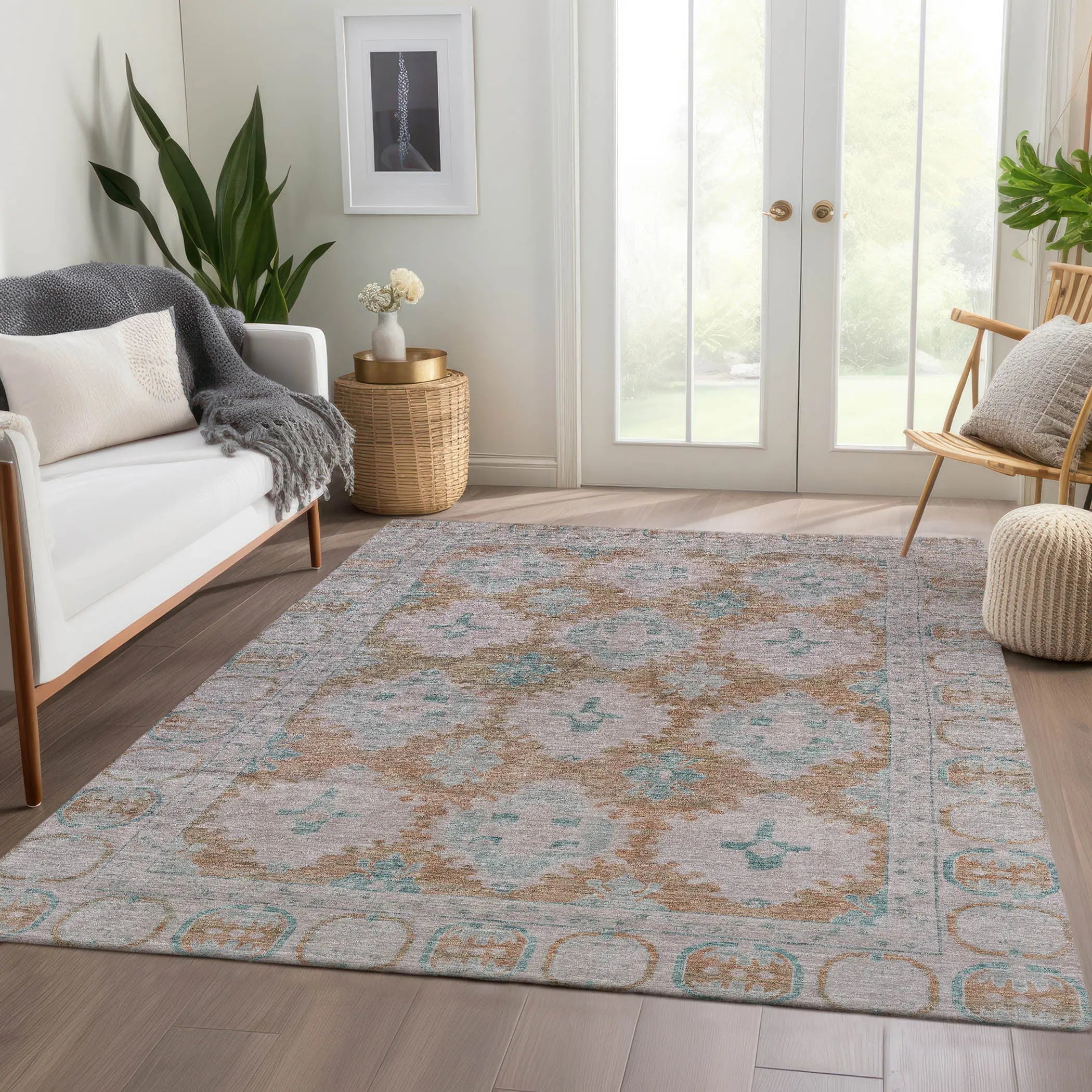 5' X 8' Terra Cotta And Teal Blue Damask Washable Indoor Outdoor Area Rug Homeroots Outdoor