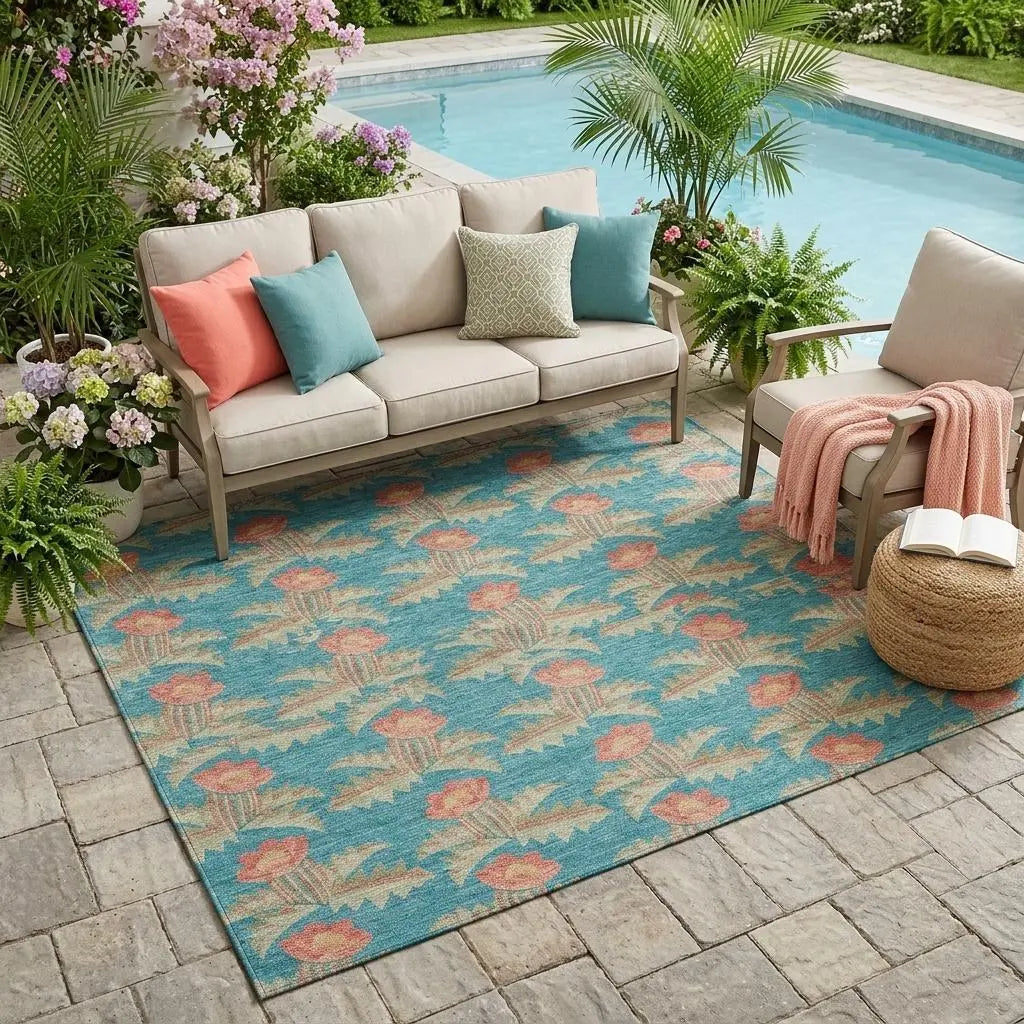 5' X 8' Turquoise And Brown Floral Washable Indoor Outdoor Area Rug Homeroots Outdoor