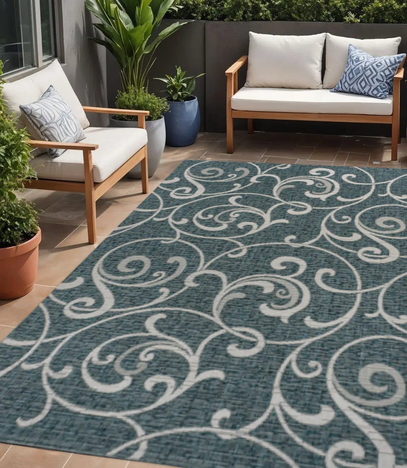 5' X 8' Turquoise And Cream Floral Indoor Outdoor Area Rug Homeroots Outdoor