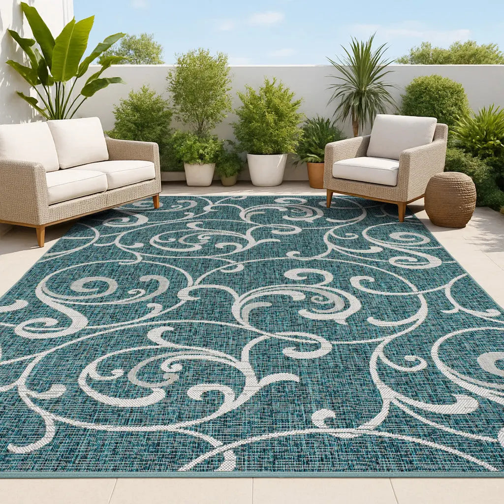 5' X 8' Turquoise And Cream Floral Indoor Outdoor Area Rug Homeroots Outdoor