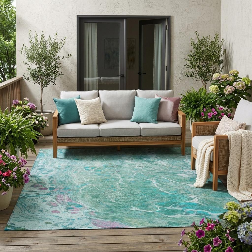 5' X 8' Turquoise And Teal Blue Abstract Washable Indoor Outdoor Area Rug Homeroots Outdoor