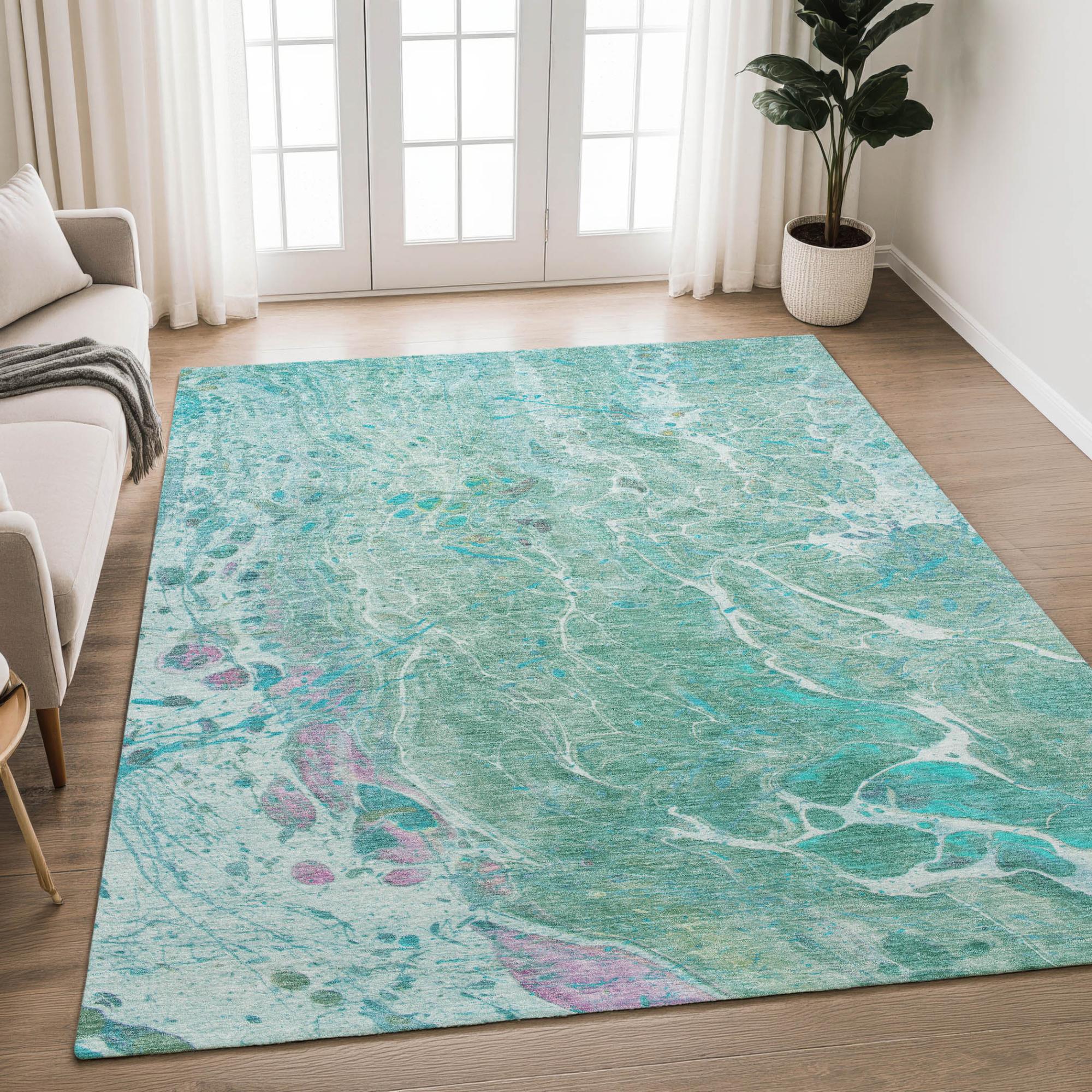 5' X 8' Turquoise And Teal Blue Abstract Washable Indoor Outdoor Area Rug Homeroots Outdoor