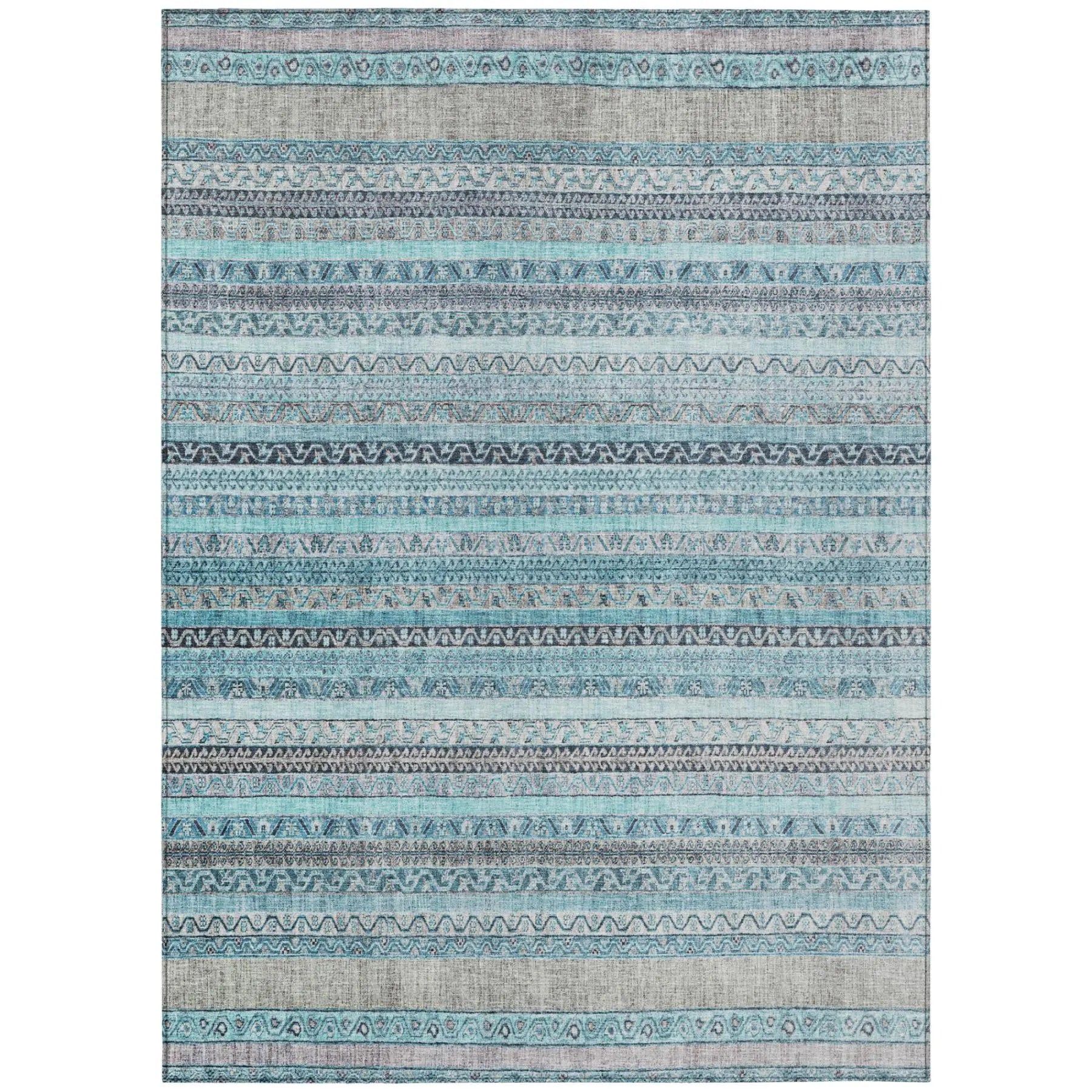 Blue and gray patterned area rug with geometric designs, crafted from soft, durable synthetic fibers.