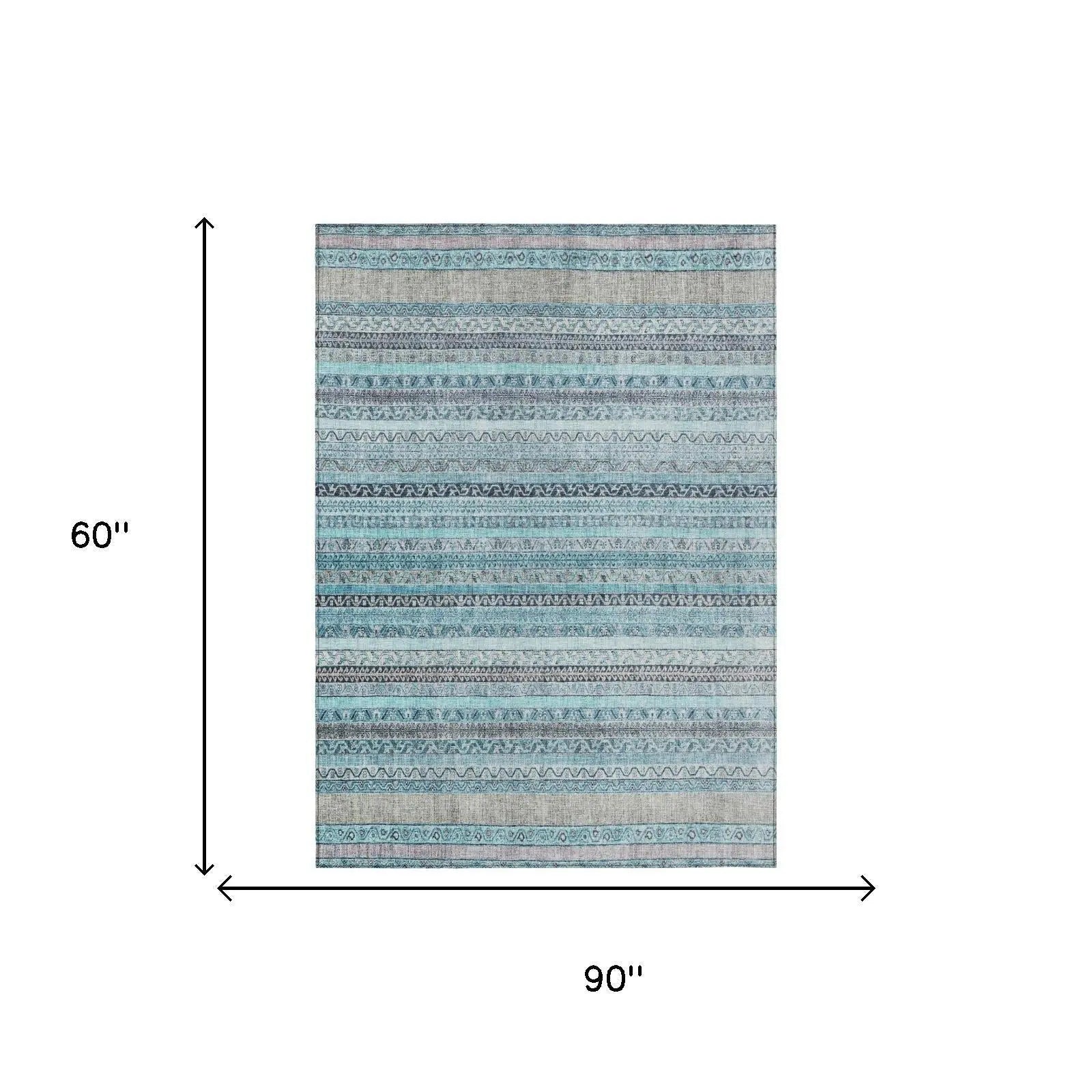 Blue and beige patterned area rug, 90" x 60", featuring elegant stripes in soft, durable fabric.