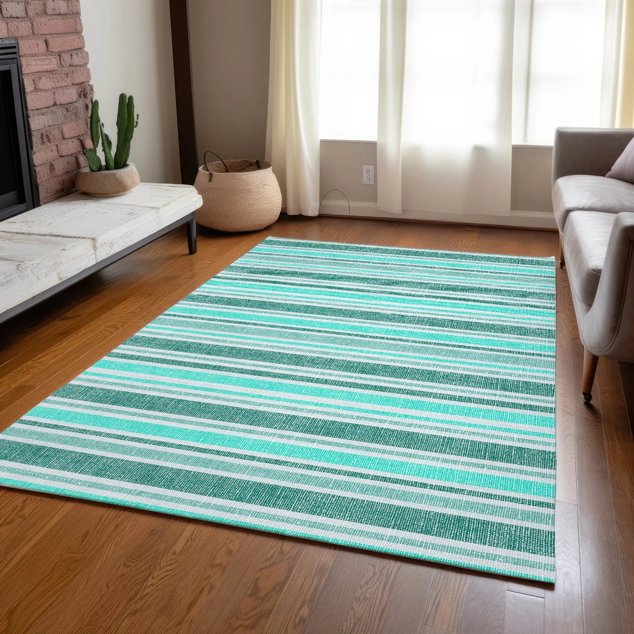 5' X 8' Turquoise Striped Washable Indoor Outdoor Area Rug Homeroots Outdoor