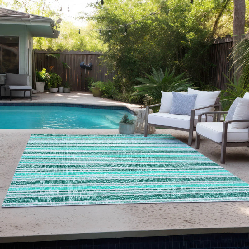 5' X 8' Turquoise Striped Washable Indoor Outdoor Area Rug Homeroots Outdoor