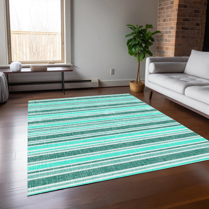 5' X 8' Turquoise Striped Washable Indoor Outdoor Area Rug Homeroots Outdoor