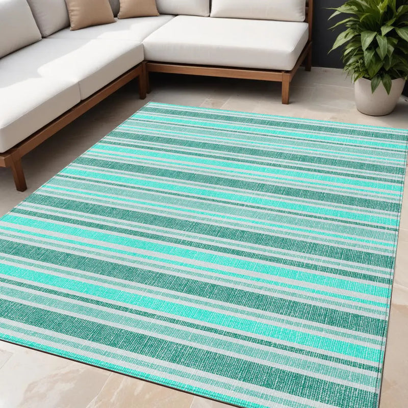 5' X 8' Turquoise Striped Washable Indoor Outdoor Area Rug Homeroots Outdoor