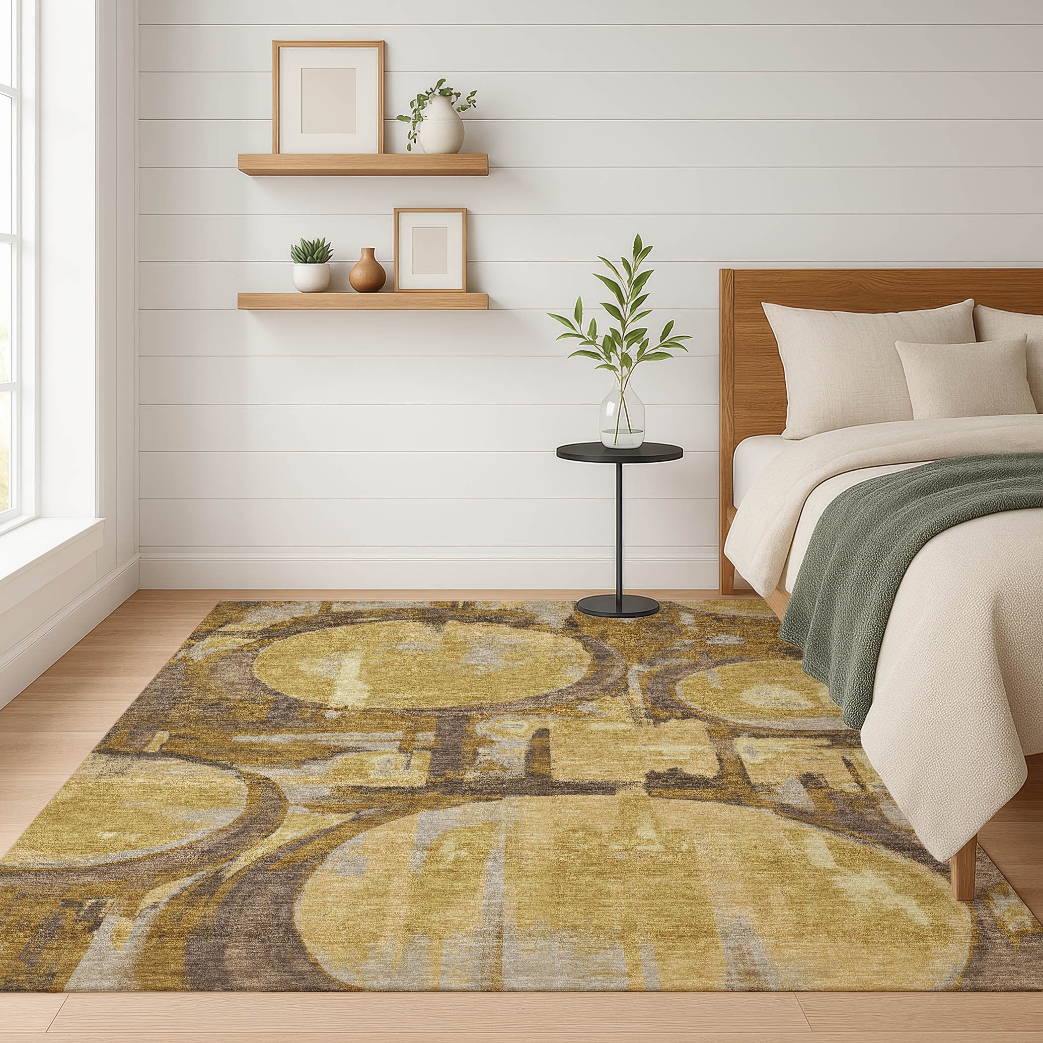 5' X 8' Walnut And Gold Abstract Washable Indoor Outdoor Area Rug Homeroots Outdoor