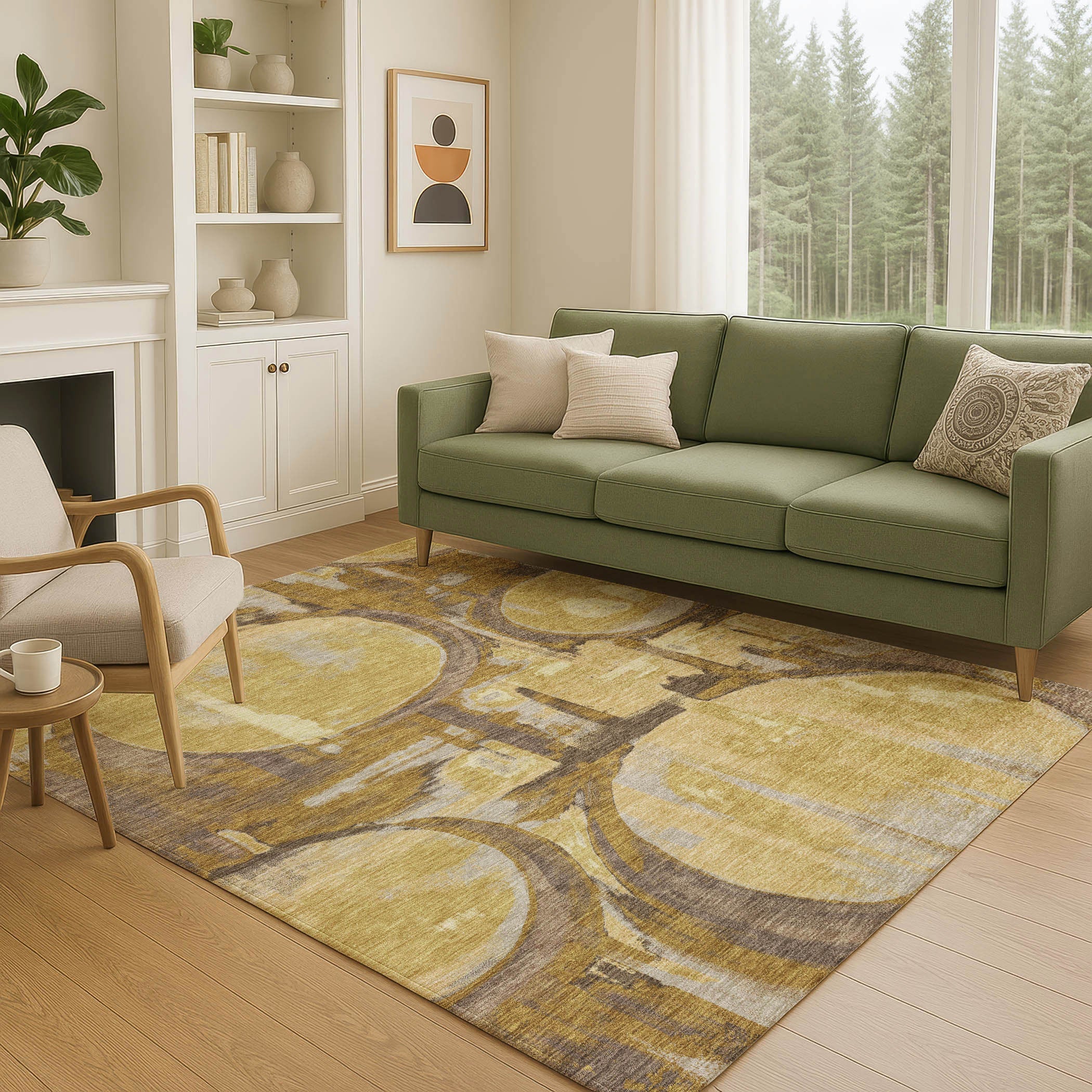5' X 8' Walnut And Gold Abstract Washable Indoor Outdoor Area Rug Homeroots Outdoor