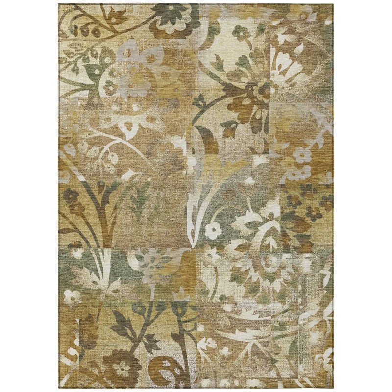 5' X 8' Walnut And Gold Botanical Leaves Washable Indoor Outdoor Area Rug Homeroots Outdoor