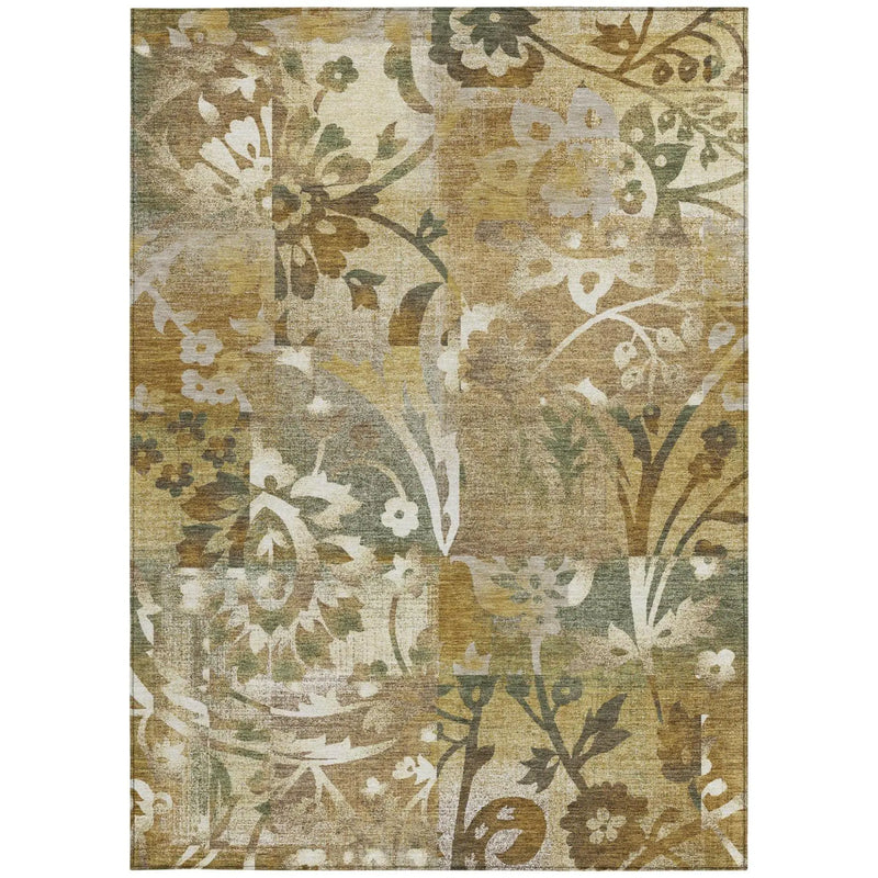 5' X 8' Walnut And Gold Botanical Leaves Washable Indoor Outdoor Area Rug Homeroots Outdoor