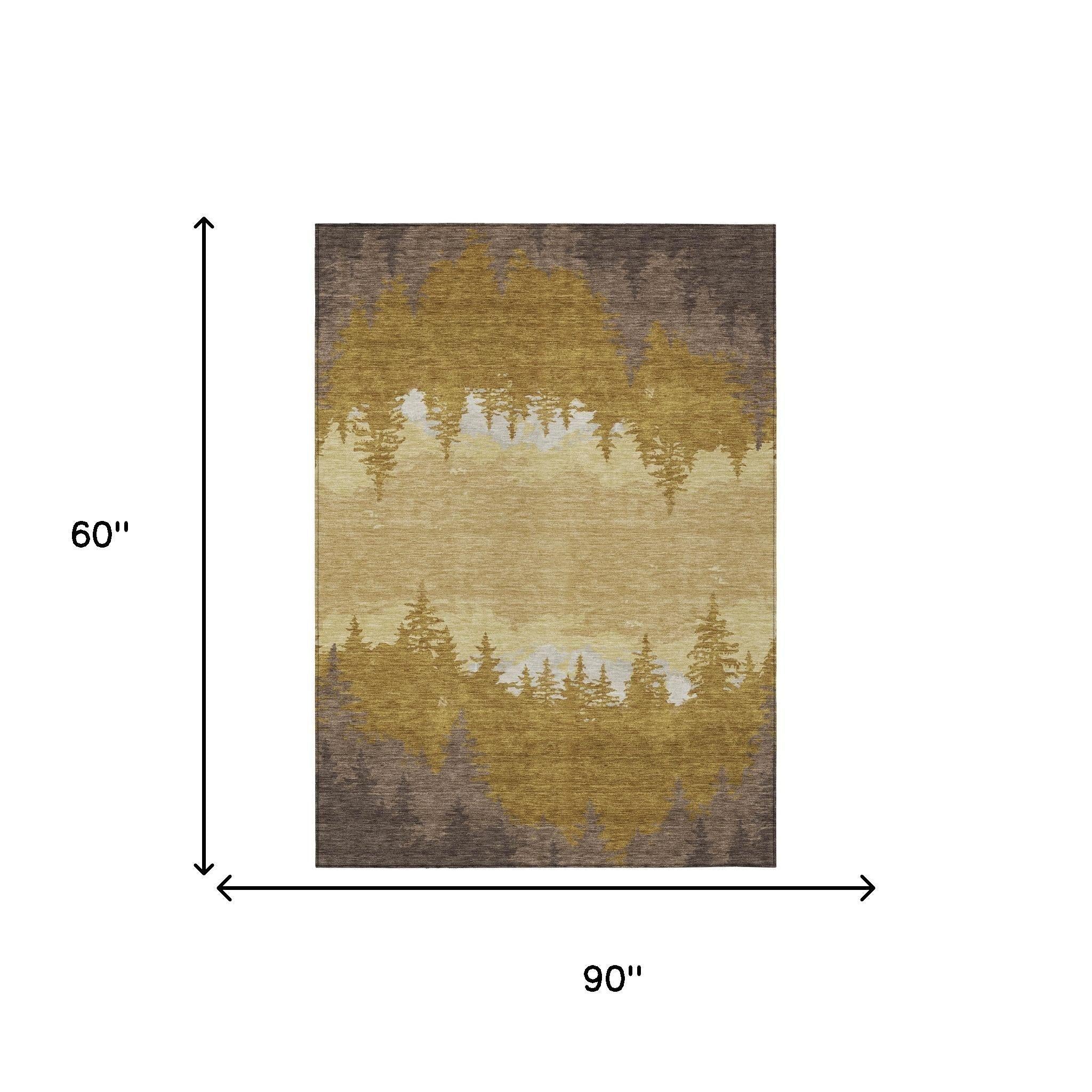 5' X 8' Walnut And Gold Floral Washable Indoor Outdoor Area Rug Homeroots Outdoor