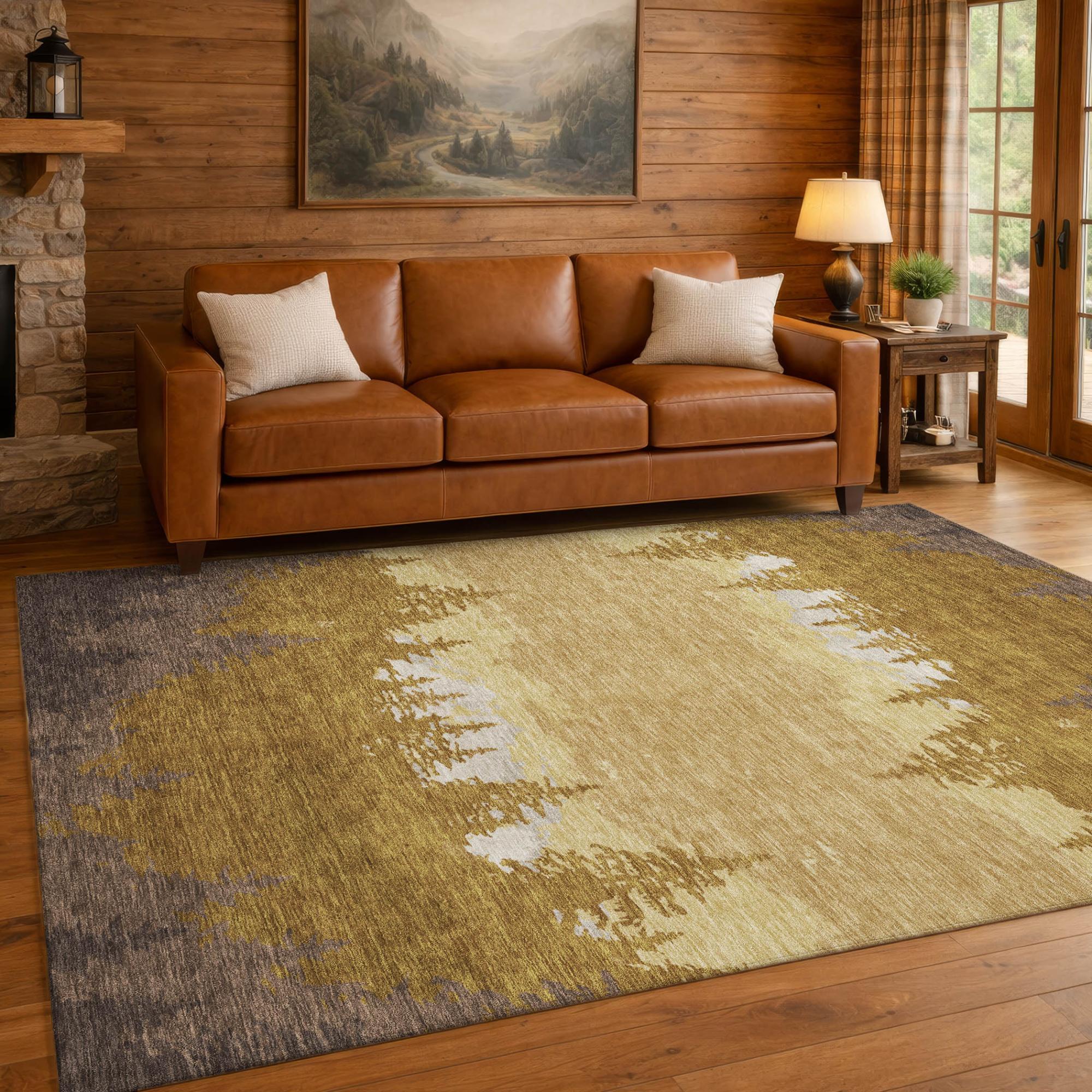 5' X 8' Walnut And Gold Floral Washable Indoor Outdoor Area Rug Homeroots Outdoor
