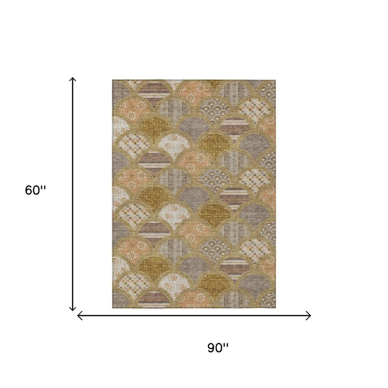5' X 8' Walnut And Gold Geometric Washable Indoor Outdoor Area Rug Homeroots Outdoor