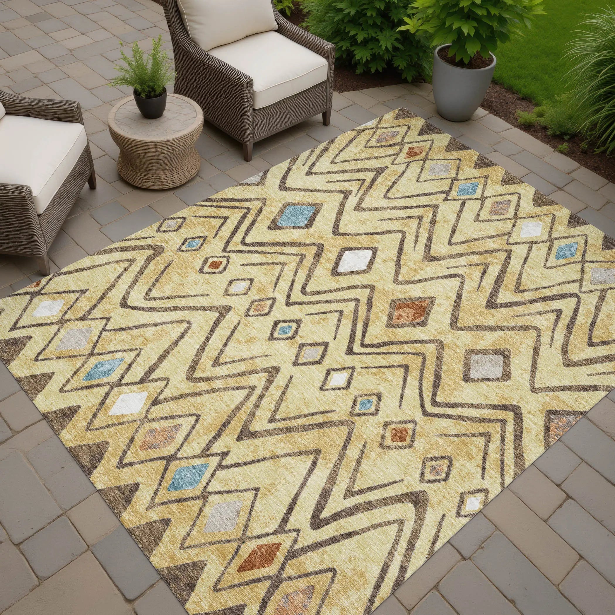 5' X 8' Wheat And Brown Geometric Washable Indoor Outdoor Area Rug Homeroots Outdoor