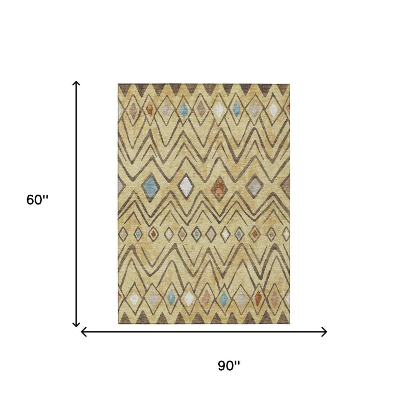 5' X 8' Wheat And Brown Geometric Washable Indoor Outdoor Area Rug Homeroots Outdoor