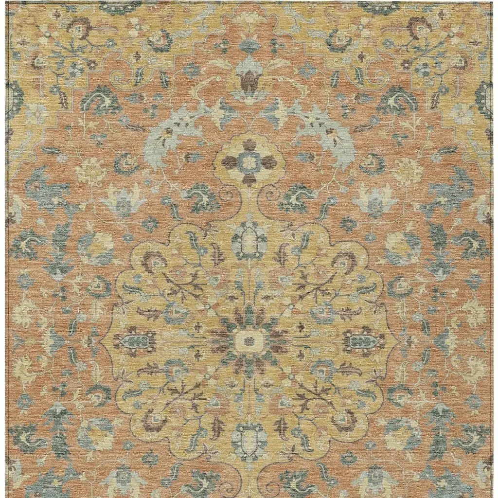 5' X 8' Wheat And Copper Floral Medallion Washable Indoor Outdoor Area Rug Homeroots Outdoor