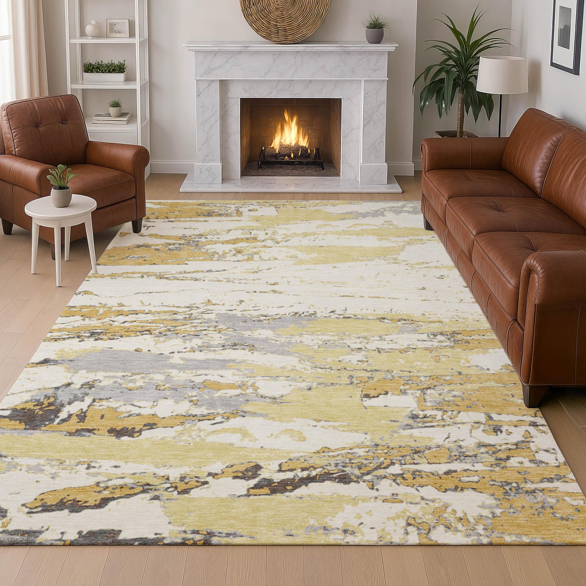 5' X 8' Wheat And Gold Abstract Washable Indoor Outdoor Area Rug Homeroots Outdoor
