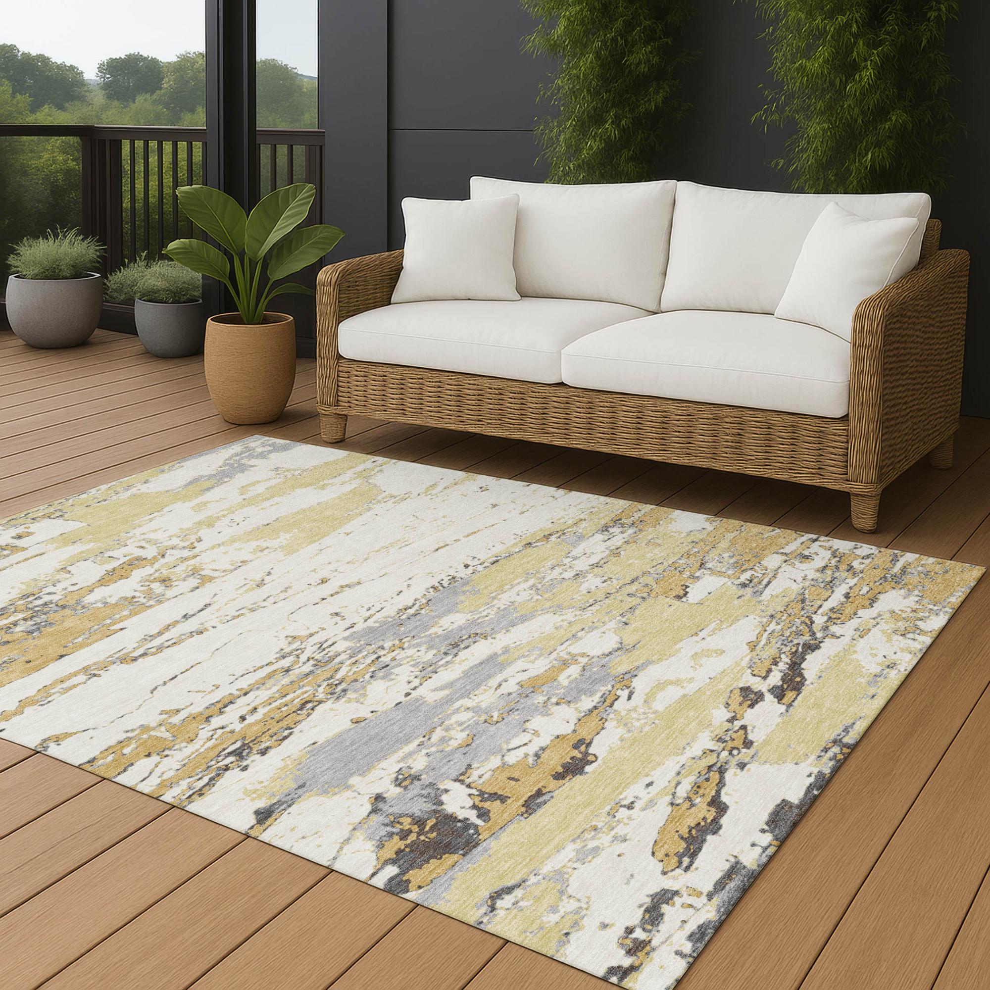 5' X 8' Wheat And Gold Abstract Washable Indoor Outdoor Area Rug Homeroots Outdoor