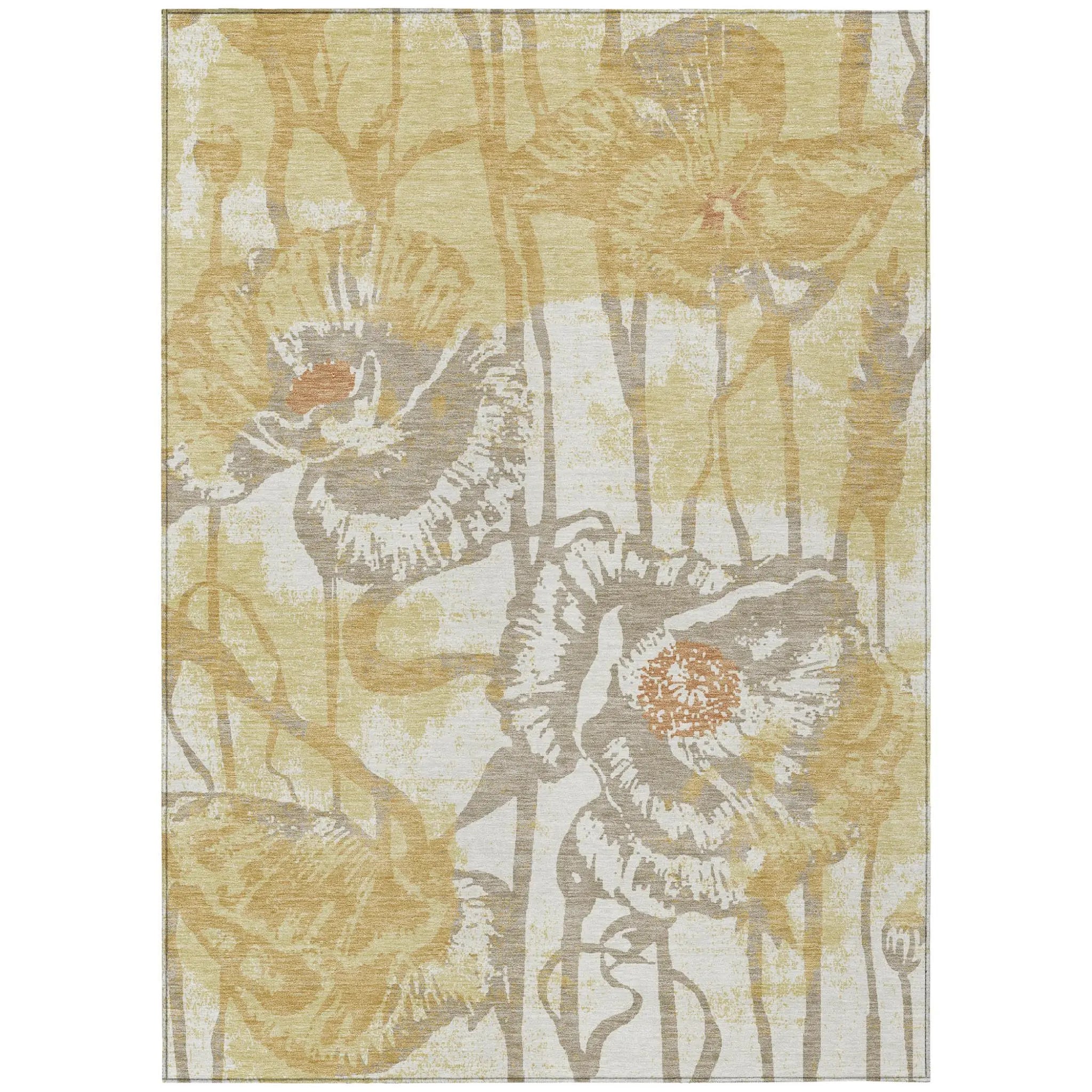 5' X 8' Wheat And Gold Floral Washable Indoor Outdoor Area Rug Homeroots Outdoor