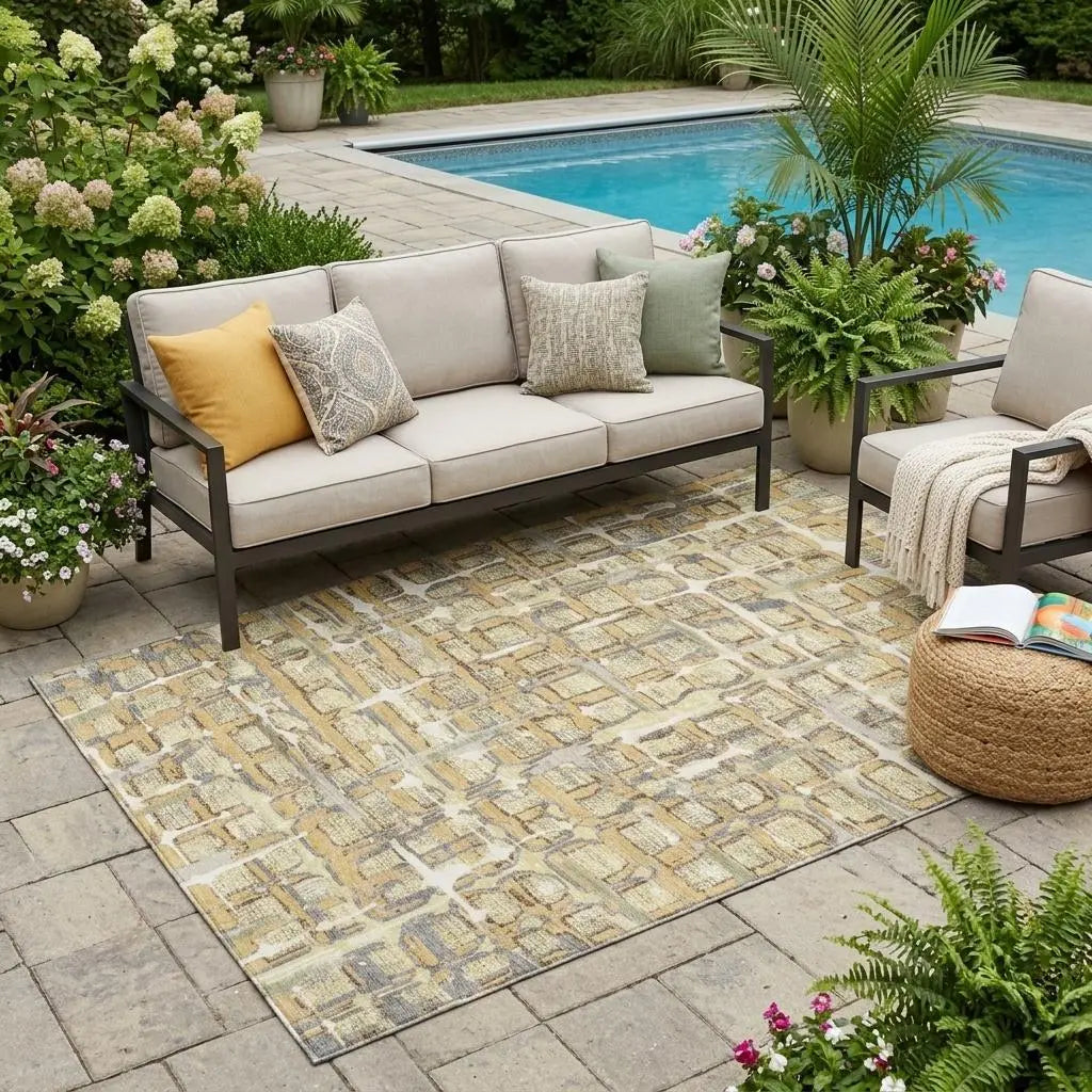 5' X 8' Wheat And Gold Geometric Washable Indoor Outdoor Area Rug Homeroots Outdoor