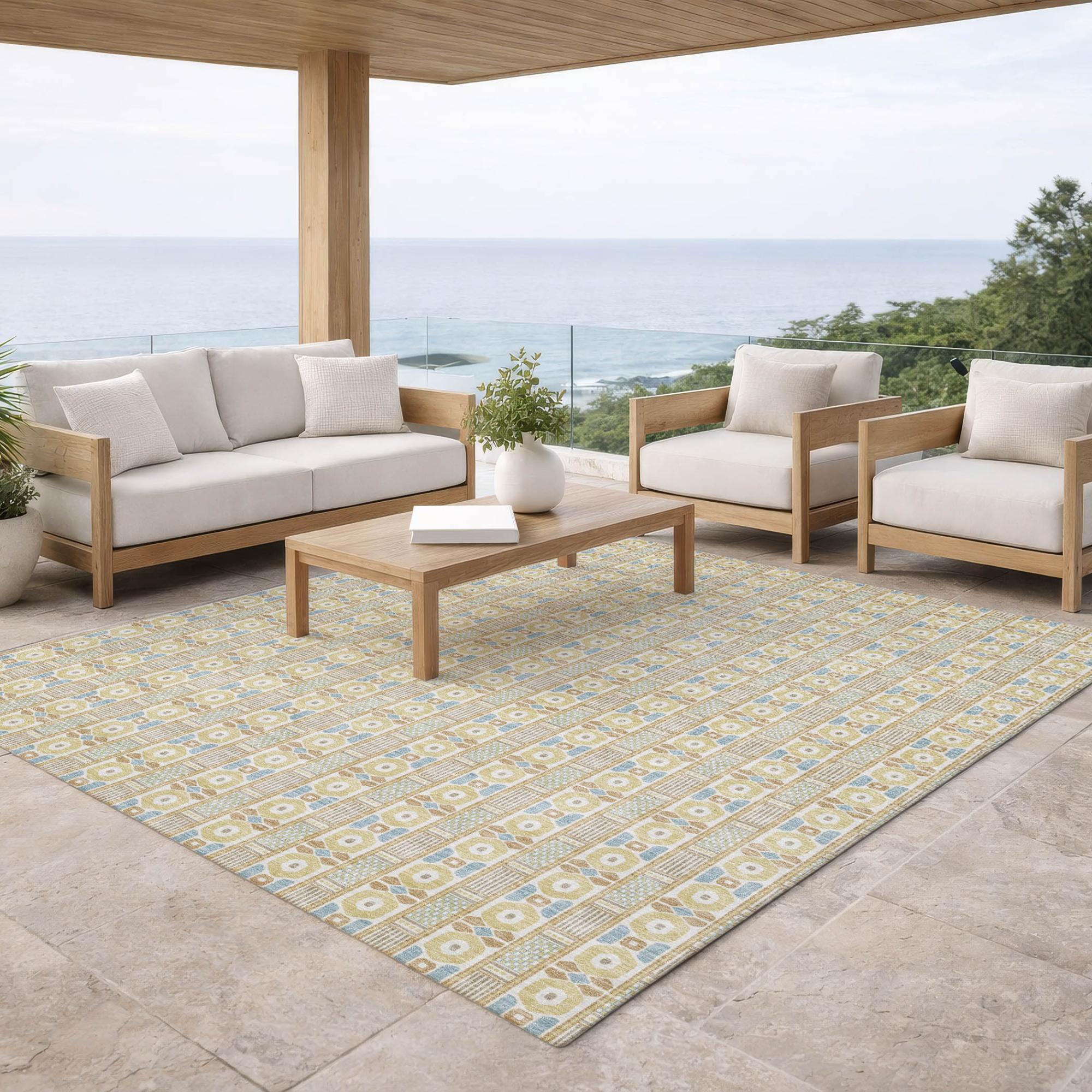 5' X 8' Wheat And Gold Striped Washable Indoor Outdoor Area Rug Homeroots Outdoor