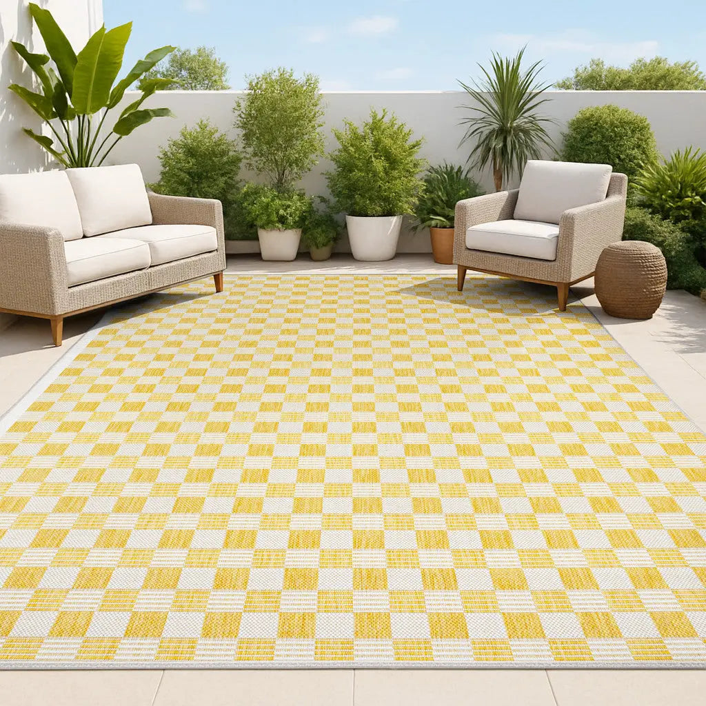 5' X 8' Yellow And Cream Geometric Indoor Outdoor Area Rug Homeroots Outdoor