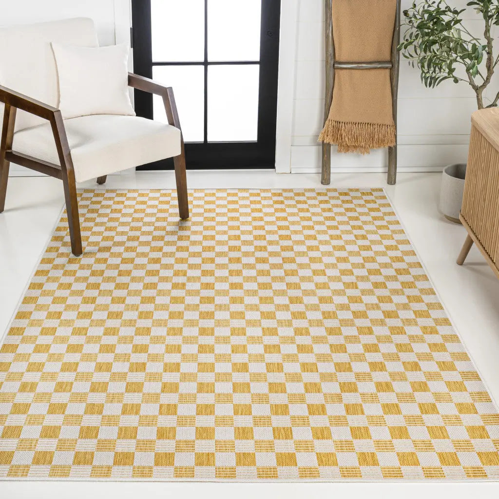 5' X 8' Yellow And Cream Geometric Indoor Outdoor Area Rug Homeroots Outdoor