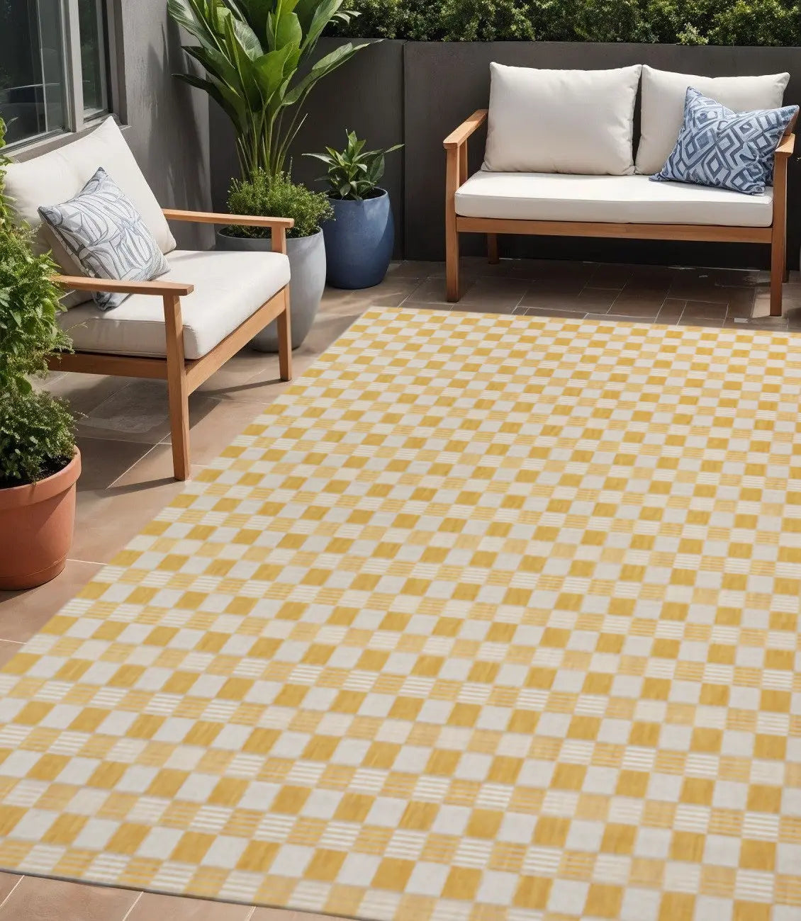 5' X 8' Yellow And Cream Geometric Indoor Outdoor Area Rug Homeroots Outdoor