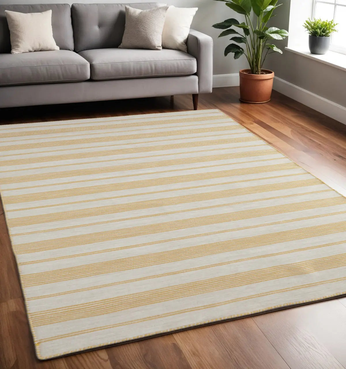 5' X 8' Yellow And Ivory Striped Dhurrie Hand Woven Stain Resistant Area Rug Homeroots Outdoor